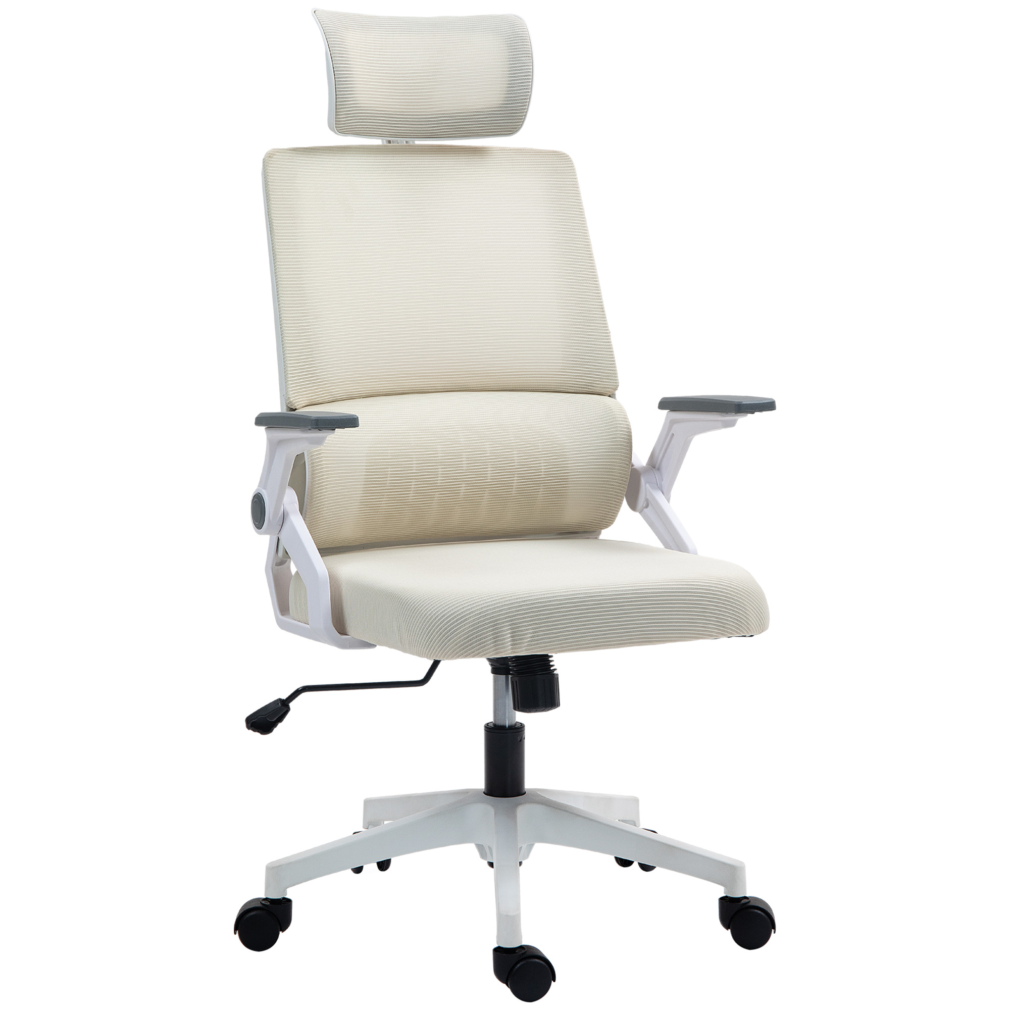 Vinsetto Bürostuhl Ergonomischer Schreibtischstuhl mit Verstellbar Kopfstütze, Lendenwirbelstütze, Armlehne, Höhenverstellbarer Drehstuhl mit Wippfunktion, Netzbespannung, Computerstuhl, Beige Aosom