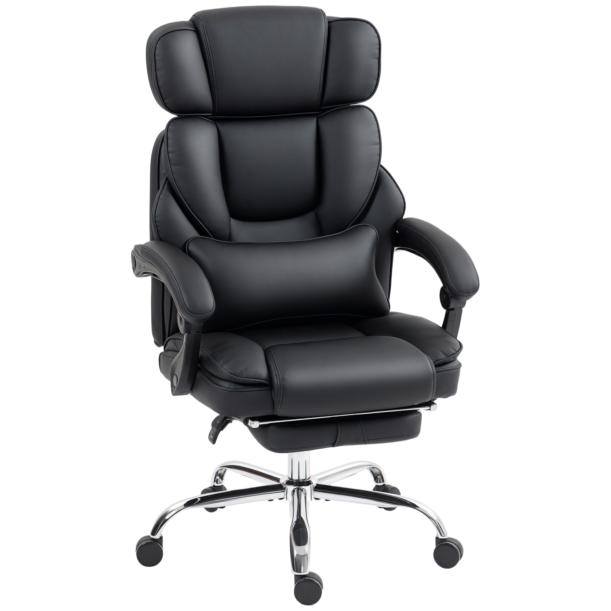 HOMCOM Bürostuhl Ergonomischer Schreibtischstuhl mit Lendenwirbelstütze, Armlehne, Fußstütze, Höhenverstellbarer Drehstuhl aus PU-Leder, Gepolstert Computerstuhl, Schwarz Aosom