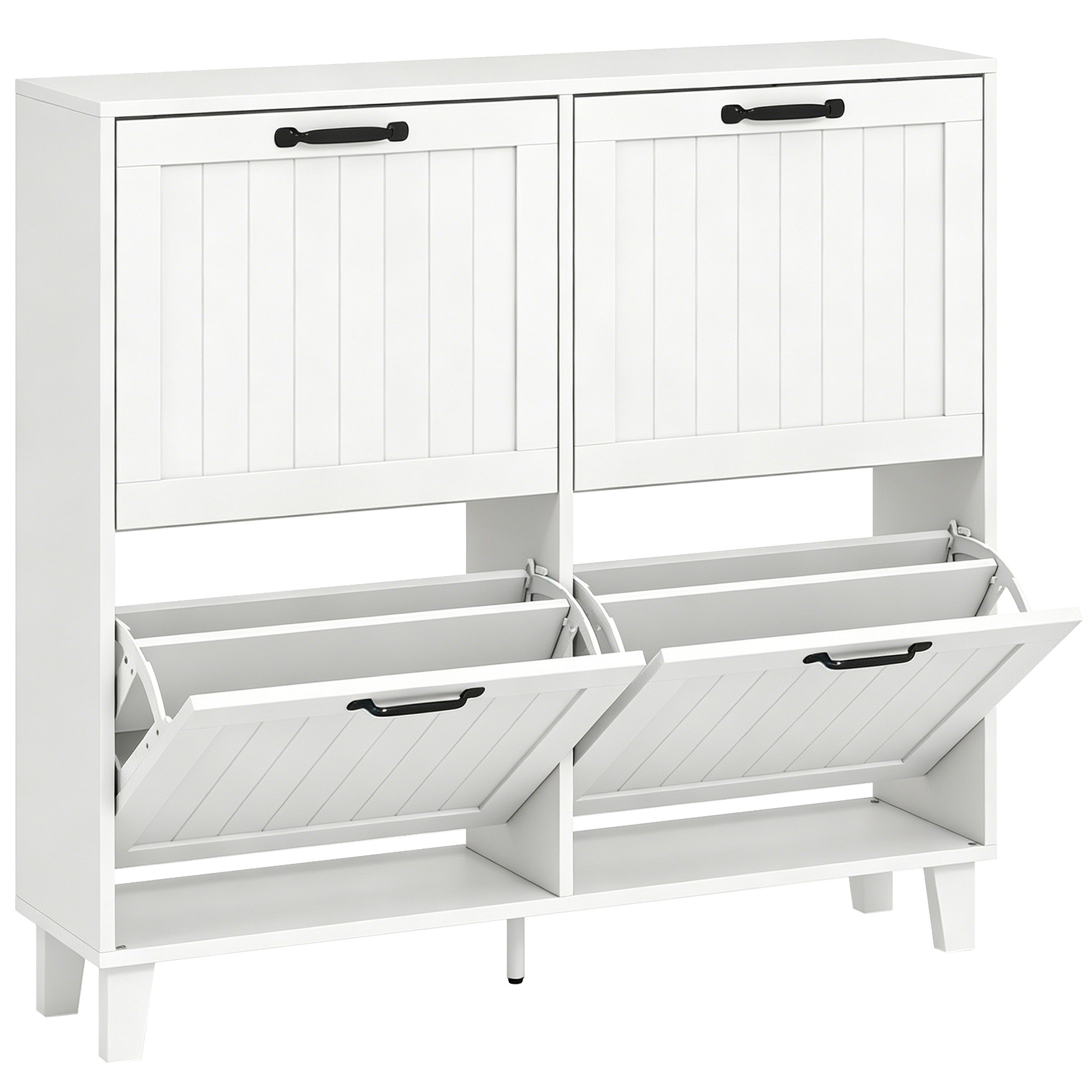 HOMCOM Schlanker platzsparender Schuhschrank mit 4 kippbaren Türen, Flurschrank mit verstellbaren Einlegeböden, Bambusbeine, Griff, Schuhregal für 16-20 Paar für Eingang Flur, 99.5x24x93.3cm, Weiß Aosom