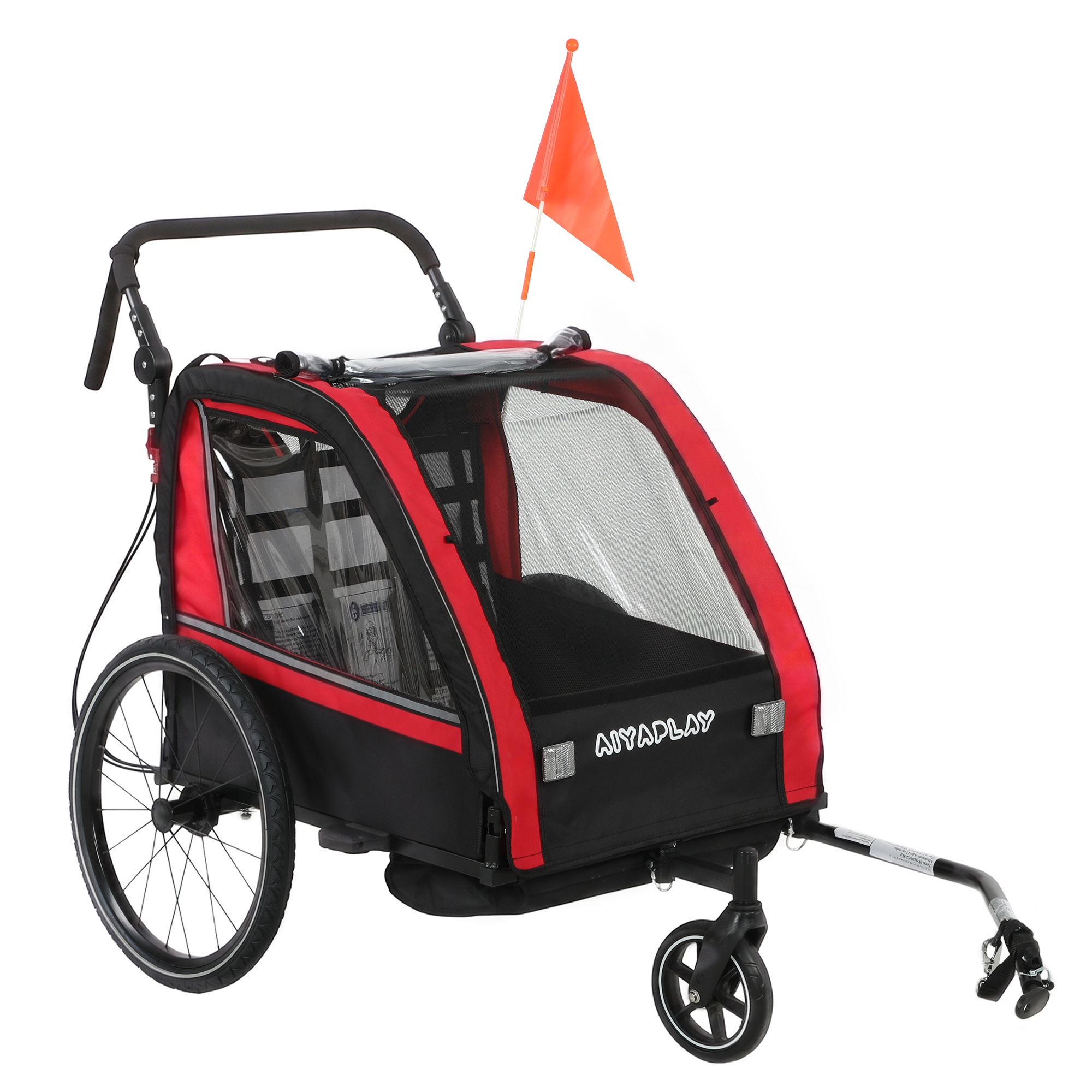 AIYAPLAY Kinder-Fahrradanhänger 2 Sitze 2-in-1, Baby-Fahrrad-Kombiwagen mit höhenverstellbarem Schiebebügel, Handbremse, 5-Punkt-Gurt, Sicherheitswimpel, universelle Anhängerkupplung, bis zu 38 kg, rot Aosom