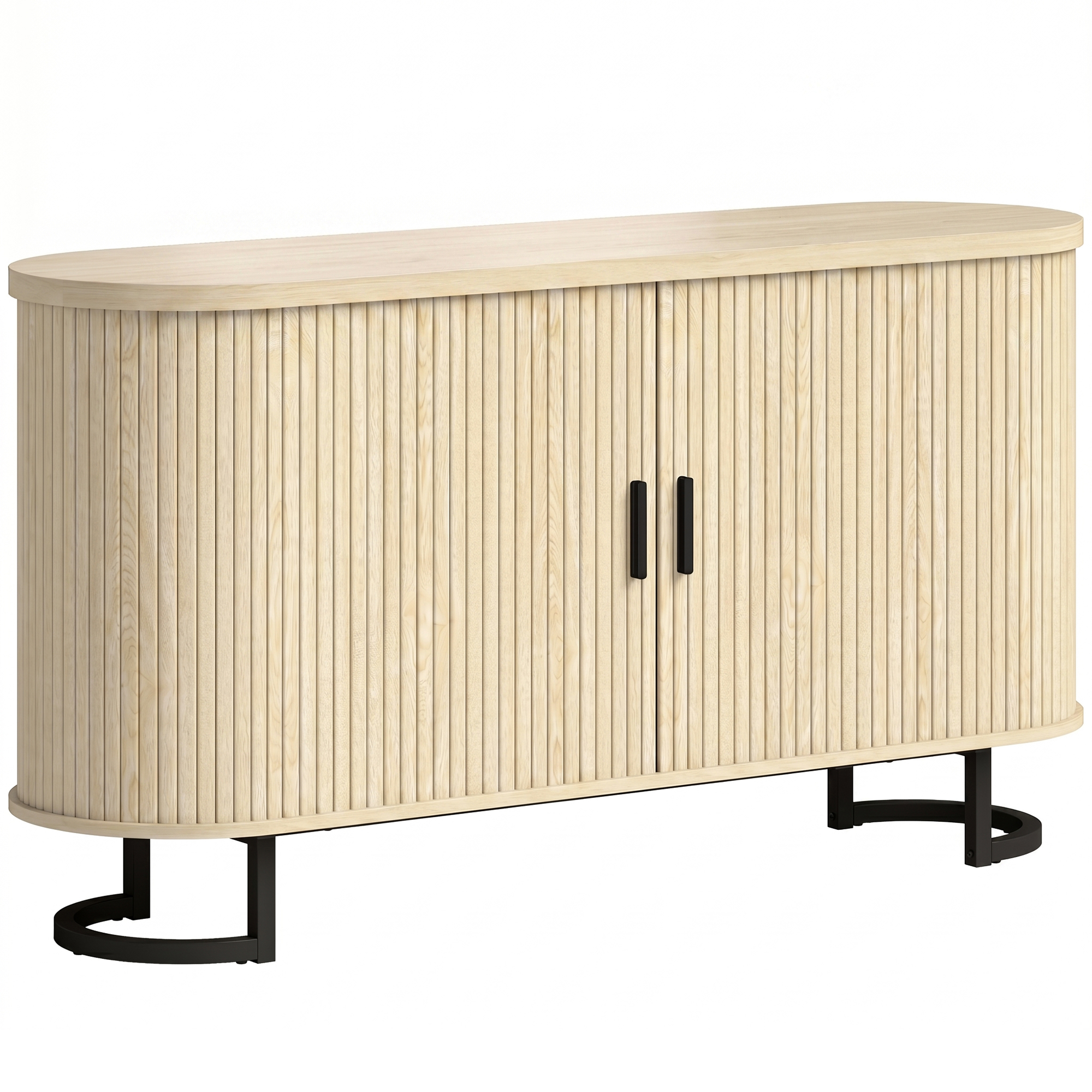 HOMCOM Aparador de sala, móvel de armazenamento oval com 2 portas deslizantes e prateleiras ajustáveis, 140x40x75cm, madeira natural