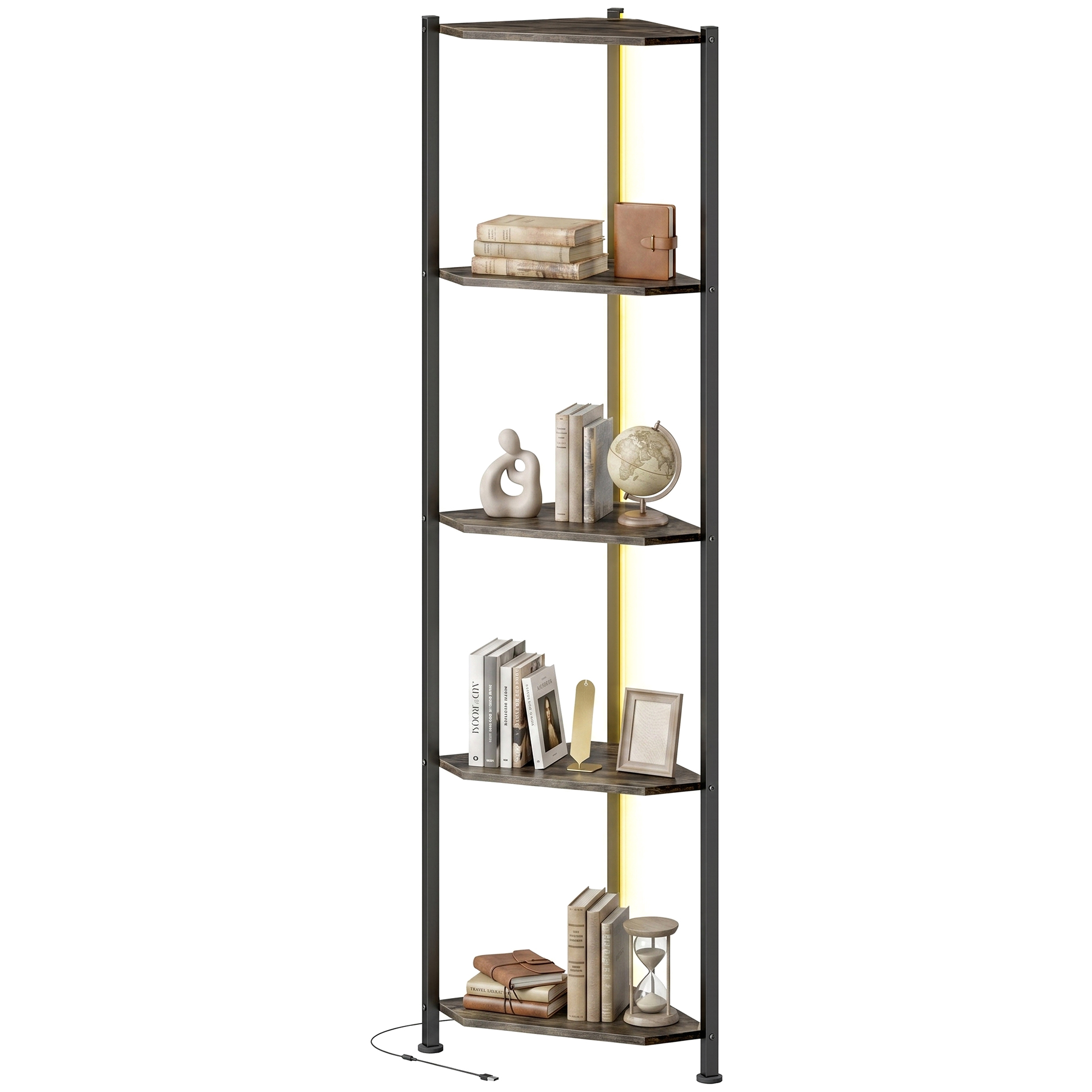 HOMCOM Bibliothèque d’Angle 5 Niveaux LED Rustique Brun Salon
