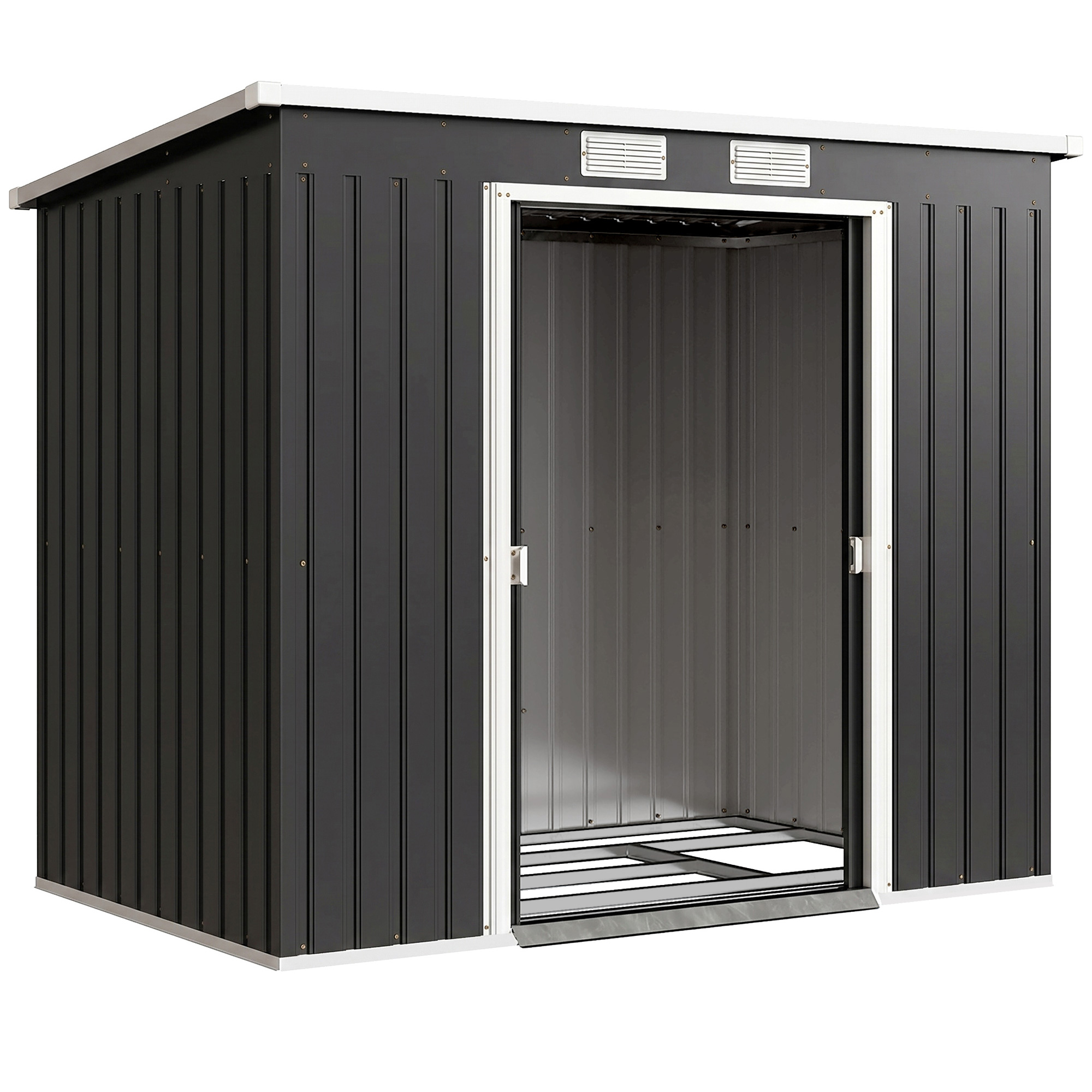 Outsunny Metall Gerätehaus 2,42 m², Geräteschuppen mit Pultdach Abschließbarer Doppelschiebetür Belüftung Bodenrahmen, 213 x 130 x 172 cm, wetterfest Outdoor Gartenhaus für Hinterhof Garten Dunkelgrau Aosom