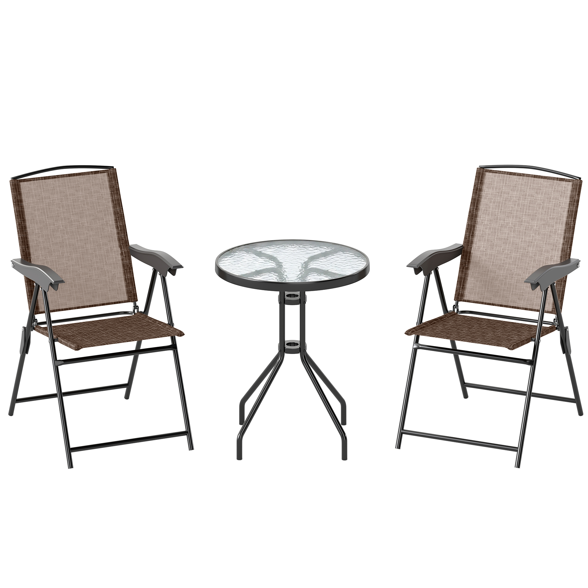 Outsunny 3 Piece Patio Furniture Garden Bistro Set Outdoor 2 Folding Chairs 1 Tempered Glass Table Adjustable Backrest Metal - Brown   Aosom UK