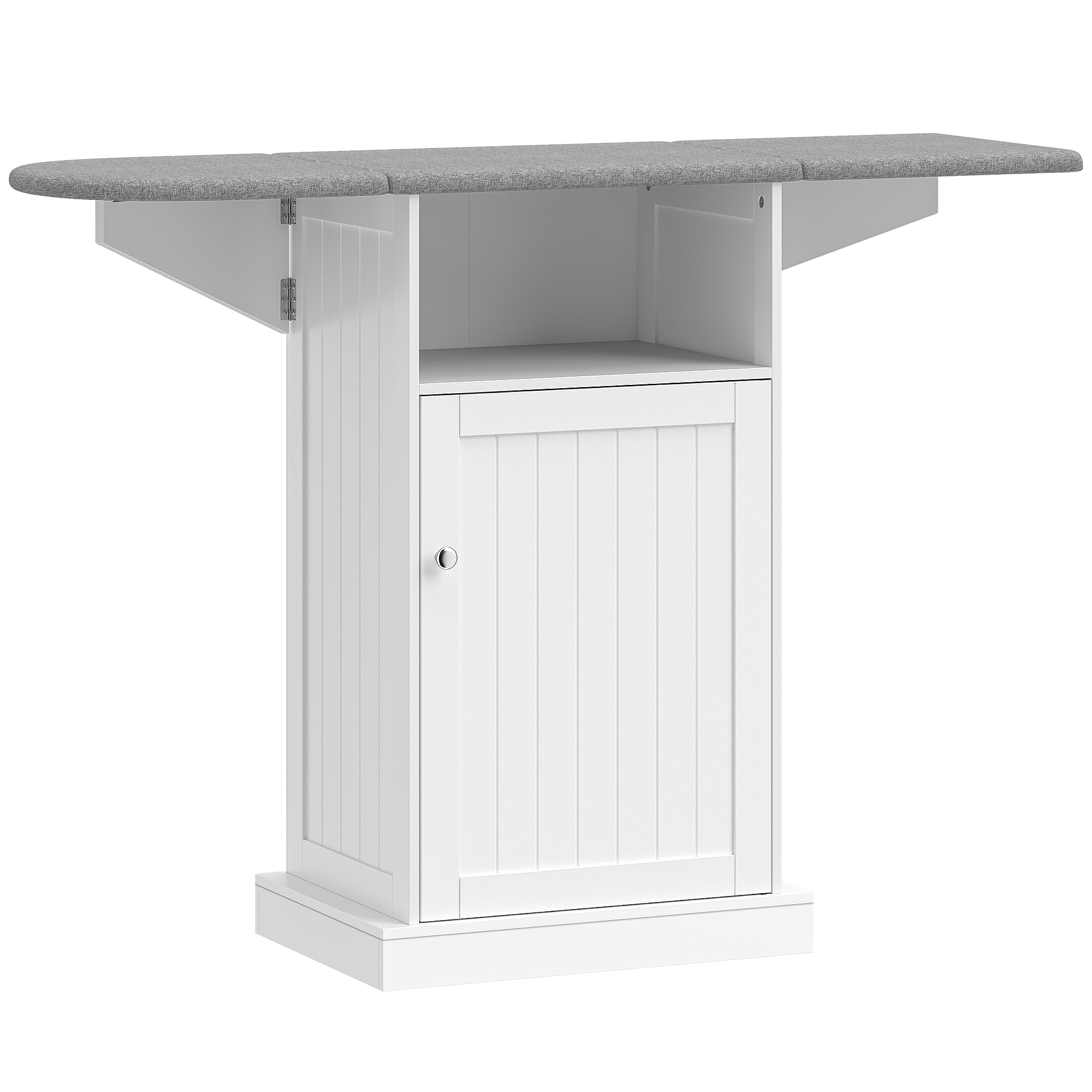 HOMCOM Dulap Compact cu Masă de Călcat Pliabilă pe Roți cu Raft Deschis și Dulap, 121x37x89 cm, Alb și Gri | Aosom Romania
