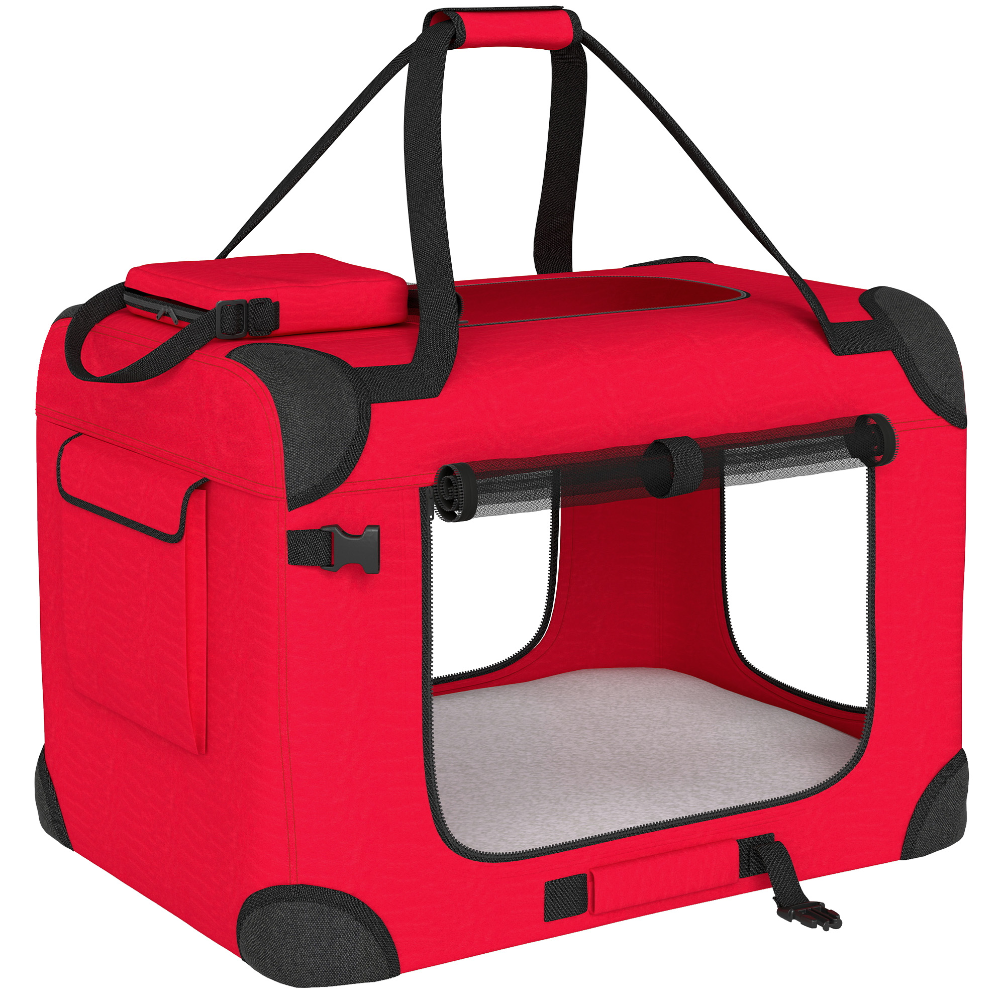 PawHut Transportadora Dobrável para Cães 60×41,5×41 cm com Janelas de Rede, Almofada Macia e 2 Alças para Mini Cães e Gatos Vermelho