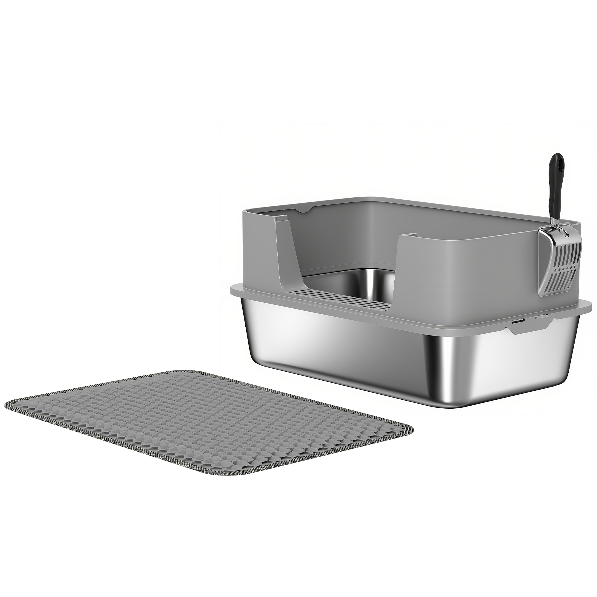 PawHut Katzentoilette Edelstahl Offene Katzenklo ohne Deckel Katzentoilette mit Schaufel hohem Rand Matte XXL Cat Litter Box für große Katzen bis 7 kg 60,2 x 40,2 x 29,5 cm, Grau Aosom
