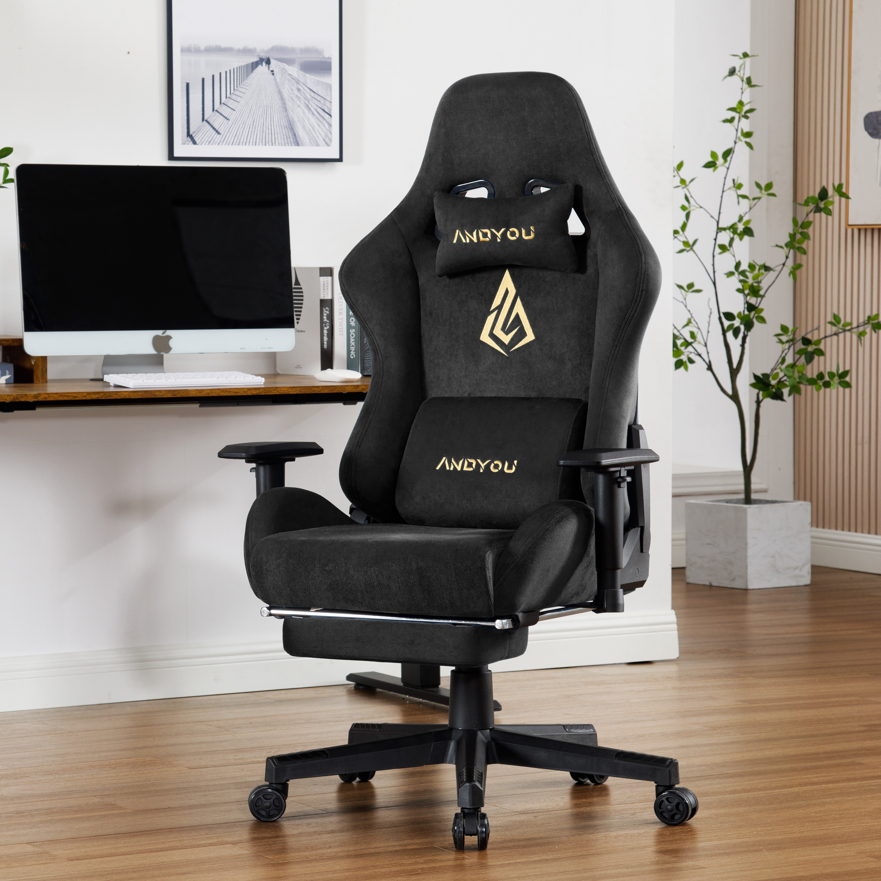ANDYOU Breathable Gaming Chair with Footrest, Adjustable and Rotating, Black
