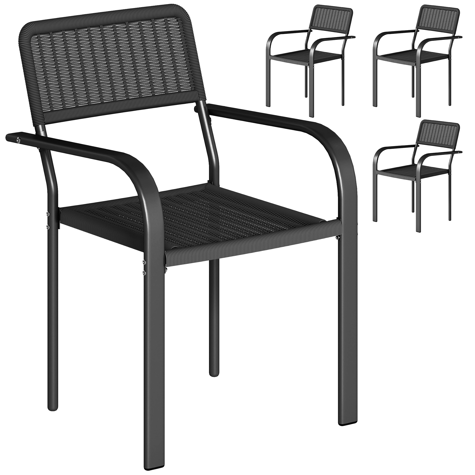 Outsunny Juego de 4 Sillas de Jardín Exterior Apilables con Reposabrazos Respaldo y Marco de Acero 55x60x83 cm Negro