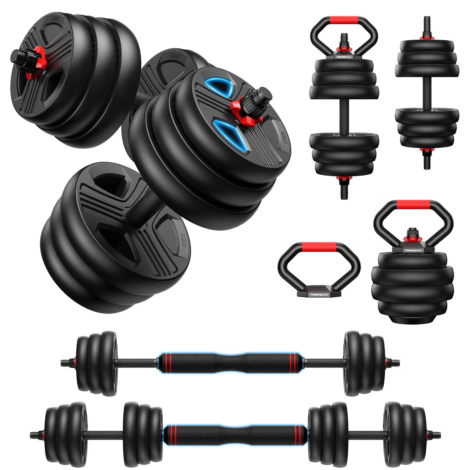 FEIERDUN 10kg-20kg Hanteln Verstellbar 2er Set, 5-in-1 Hantelset Dumbbell Set, Langhantel, Kettlebell, Liegestützständer für Ganzkörpertraining, Krafttraining für Männer und Frauen