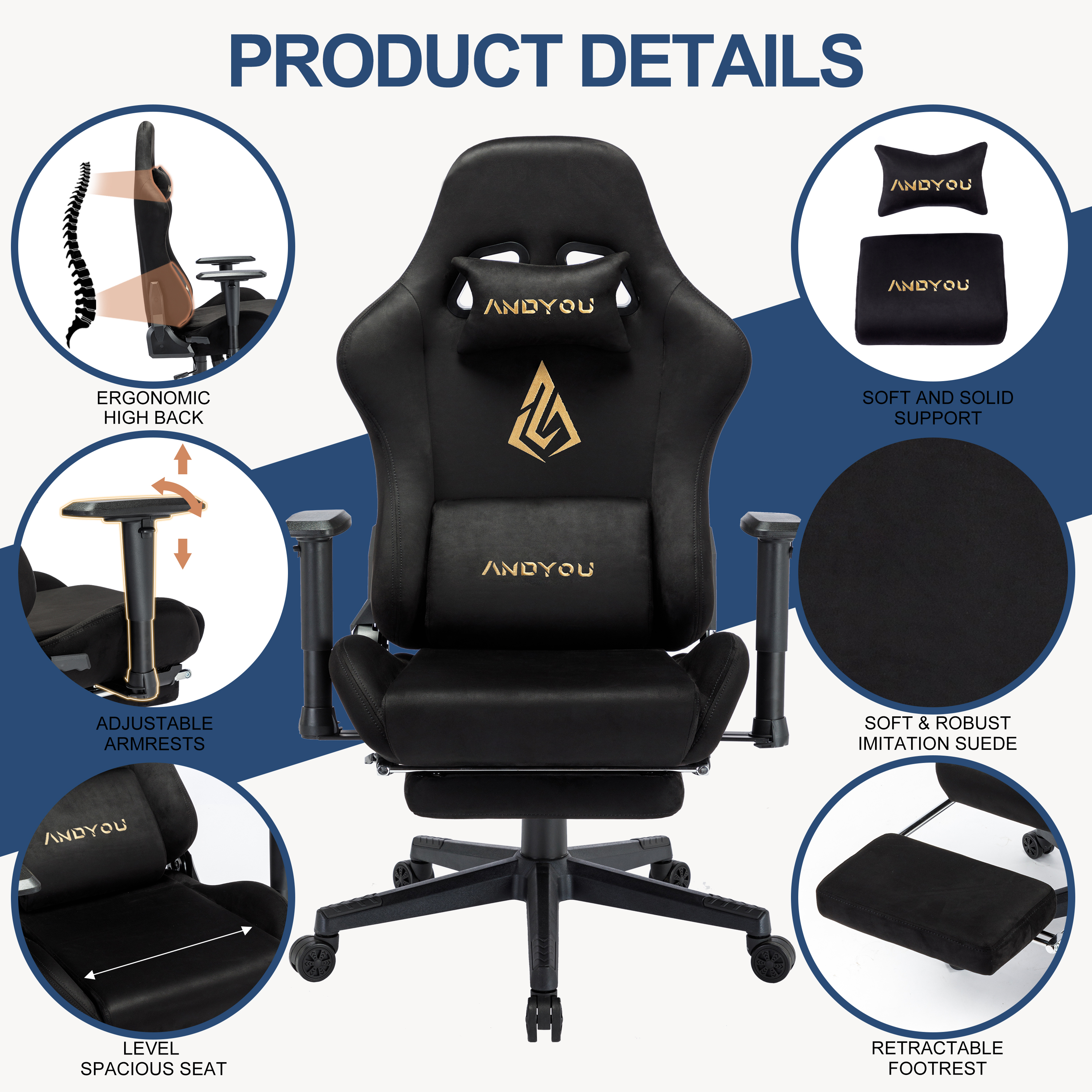 ANDYOU Breathable Gaming Chair with Footrest, Adjustable and Rotating, Black – Bild 2 von 2