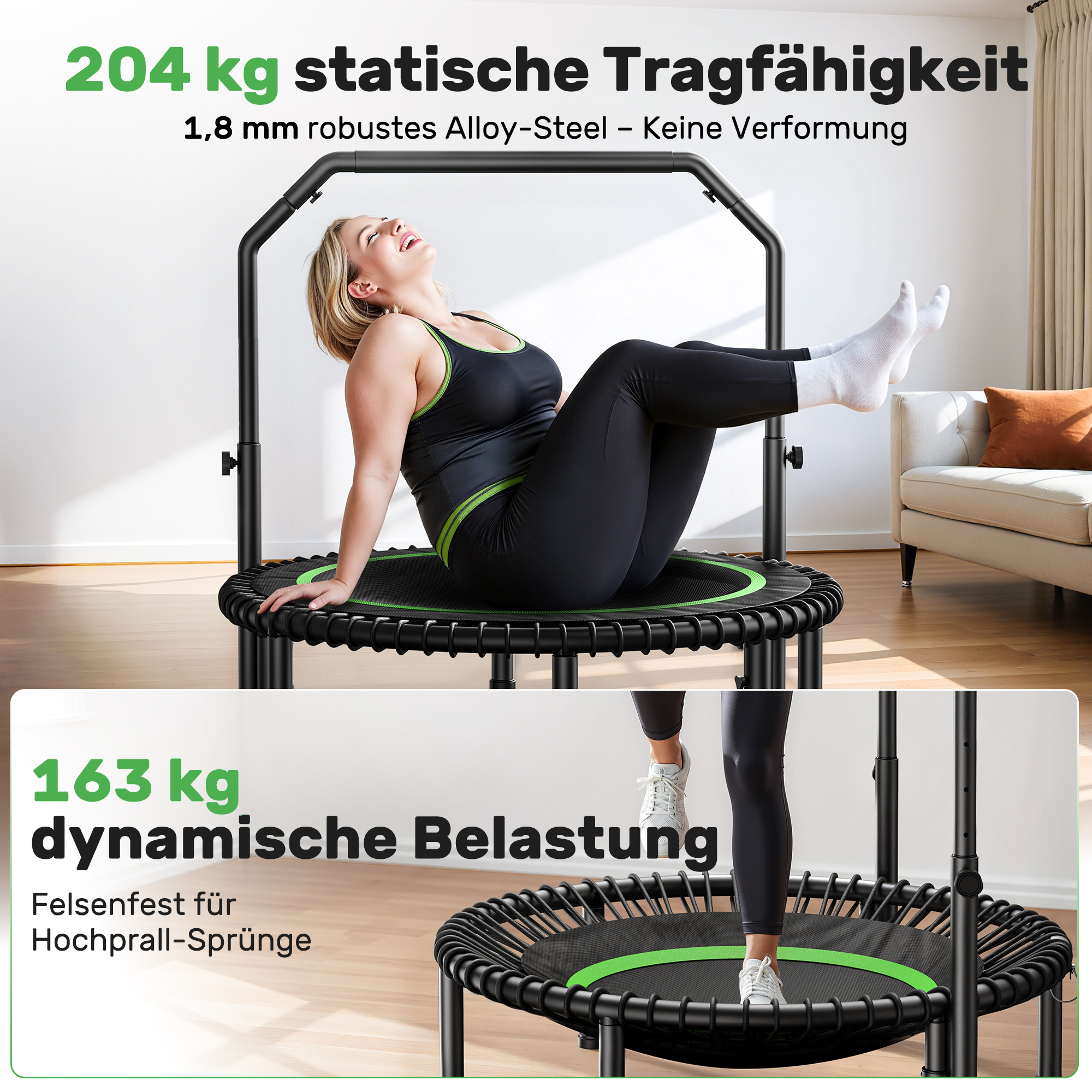 BCAN Rebounder-Trampolin für Erwachsene, 102 cm, 204 kg Belastbarkeit, mit Bungee-Seilen, verstellbarem Griff, stabil, leise, für drinnen und draußen, Ganzkörpertraining, Entspannung zu Hause