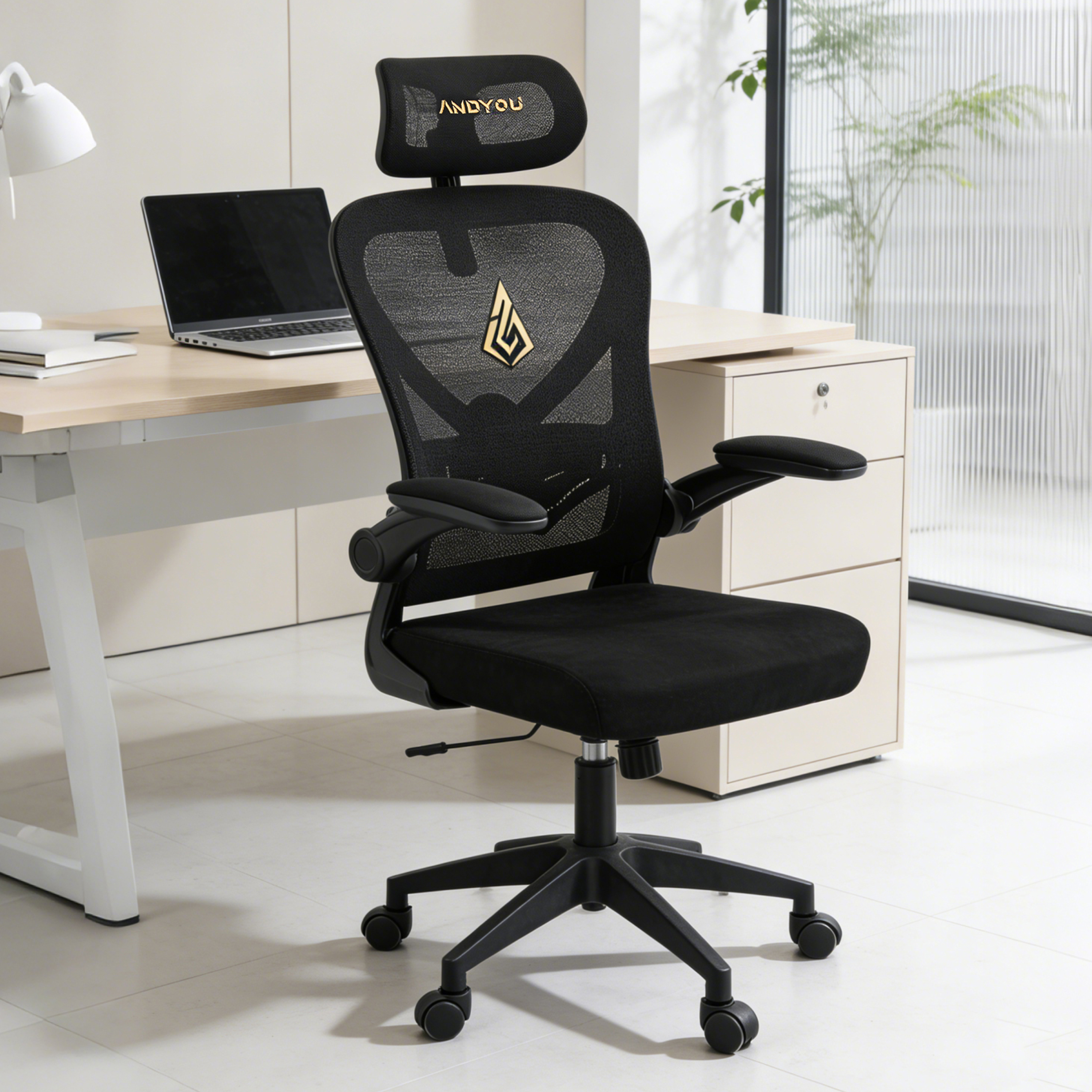 ANDYOU Faux Fur+ Mesh Office Chair , rotating rocker function, Black