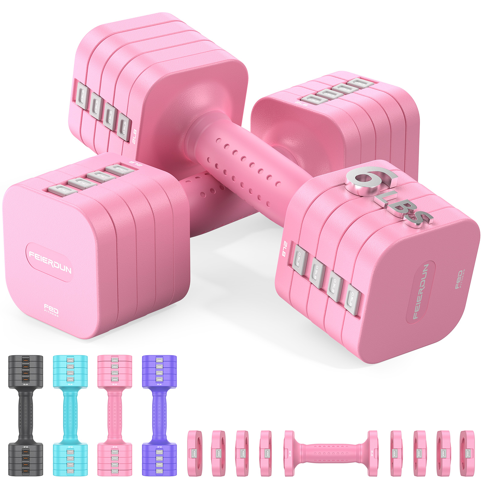 FEIERDUN 5-in-1 verstellbares Kurzhantelset (2 Stück), 5,4 kg Hanteln für Damen und Herren, 1s-einstellbares, besonders stabiles Kurzhantelset für das Heim-Fitnessstudio und den Außenbereich