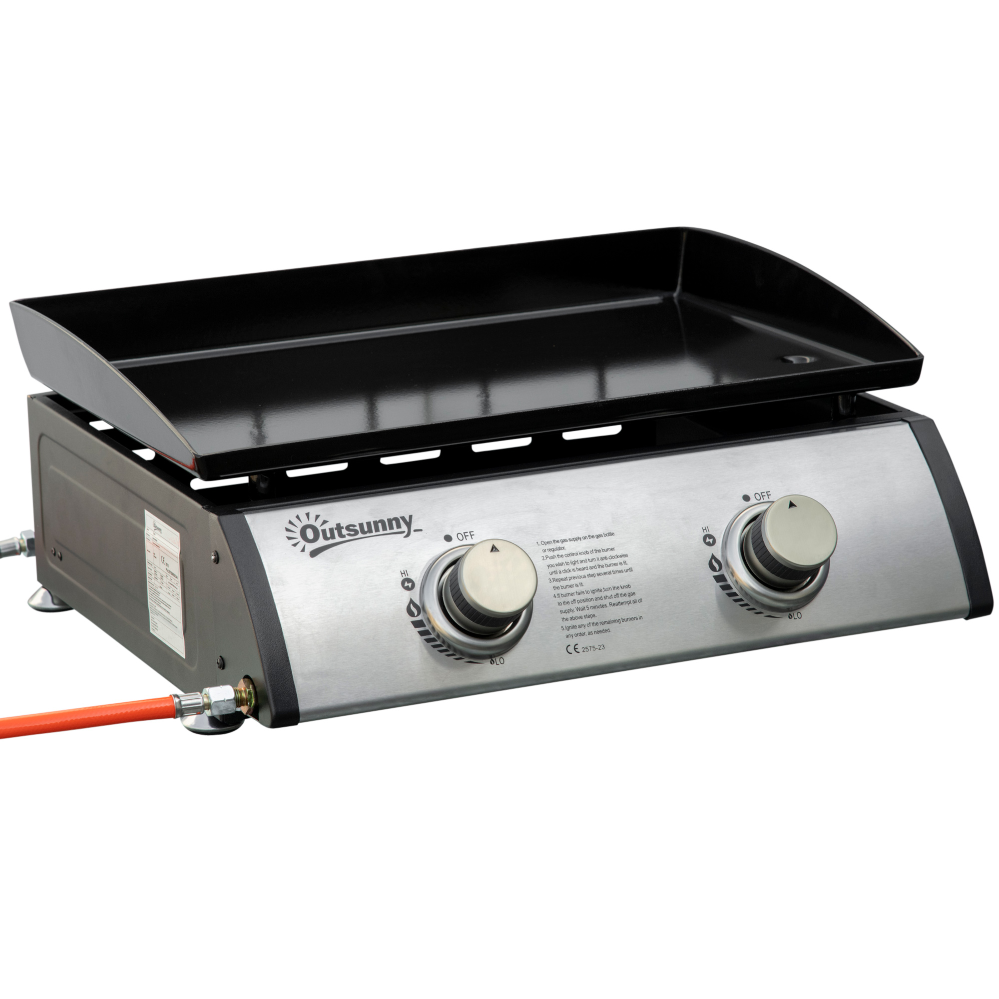 Outsunny Tischgrill Gasgrill BBQ mit 2 Brennern, Tischgasgrill mit Schlauch, Edelstahl & Metall, Antihaft-Grillplatte, ideal für Camping Aosom.de