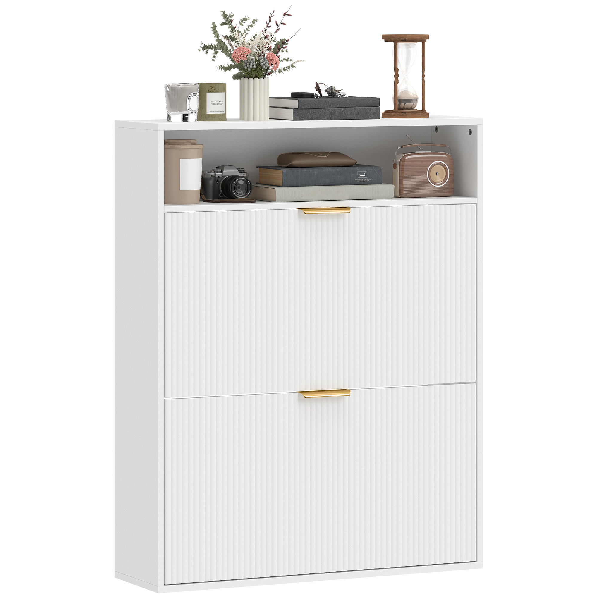 HOMCOM Armoire à chaussures étroite à 2 compartiments rabattables et étagère pour couloir et entrée, Blanc