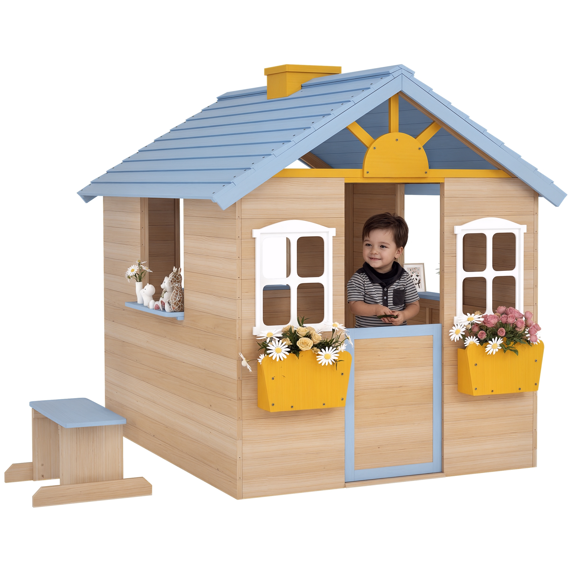 Outsunny Wooden Playhouse, Wendy House w/ Door, Bench, Flowerpot Holder, For Ages 3-7 Years, Blue