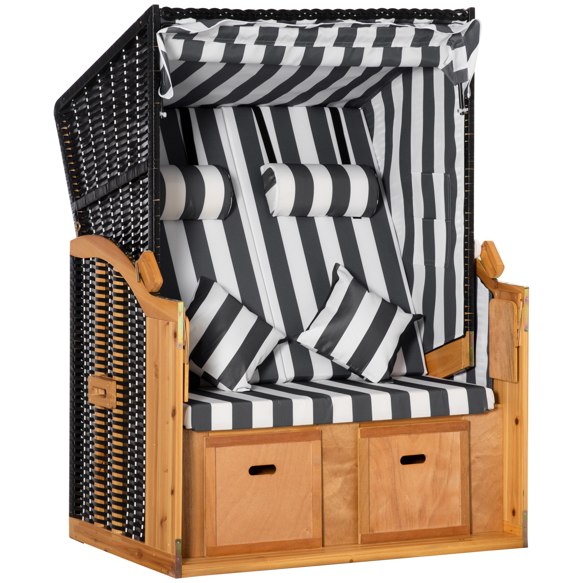 Outsunny Strandkorb Doppelliege mit Dach & Getränkehalter, 5-Stufen Rückenlehne, PE-Rattan Grau Weiß, 118x79x160cm für Garten & Terrasse Aosom.de