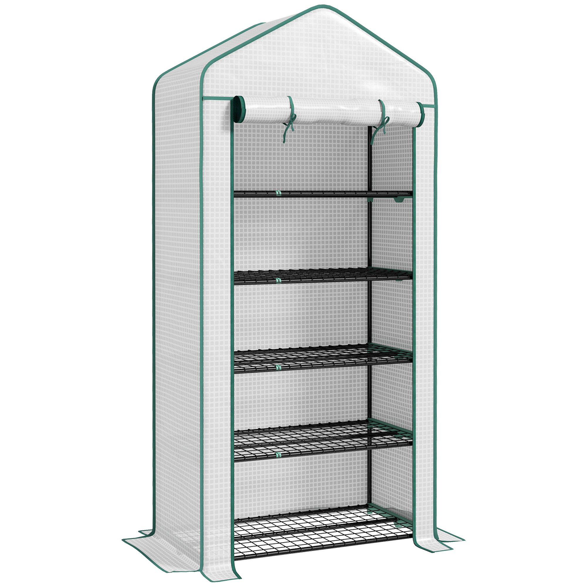 Outsunny 5 Tier Widened Mini Greenhouse w/ Reinforced PE Cover, Portable Green House w/ Roll-up Door & Wire Shelves, 193H x 90W x 49Dcm, White