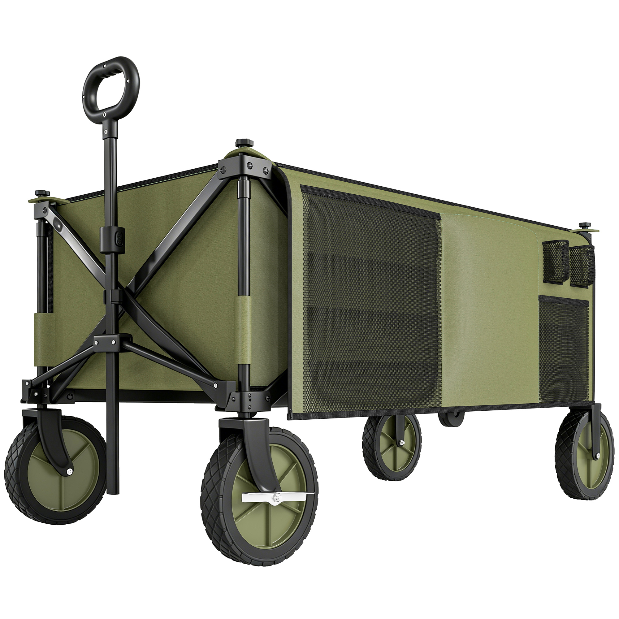 Outsunny Folding Garden Trolley on Wheels, Collapsible Camping Trolley with Folding Board, Outdoor Utility Wagon with Steel Frame Oxford Fabric Green