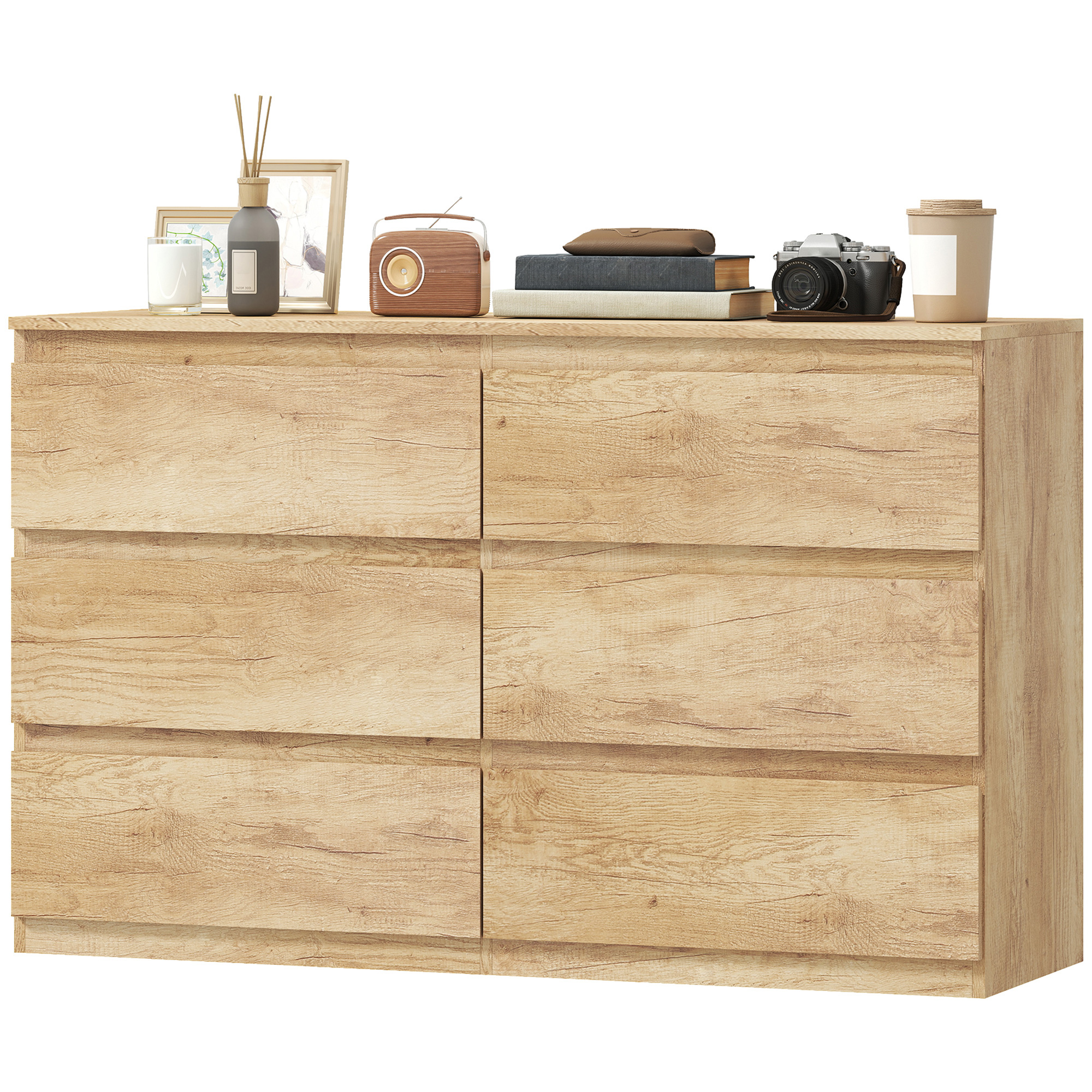 HOMCOM Commode 6 tiroirs meuble de rangement sans poignées design minimaliste 120 x 39 x 75 cm chêne