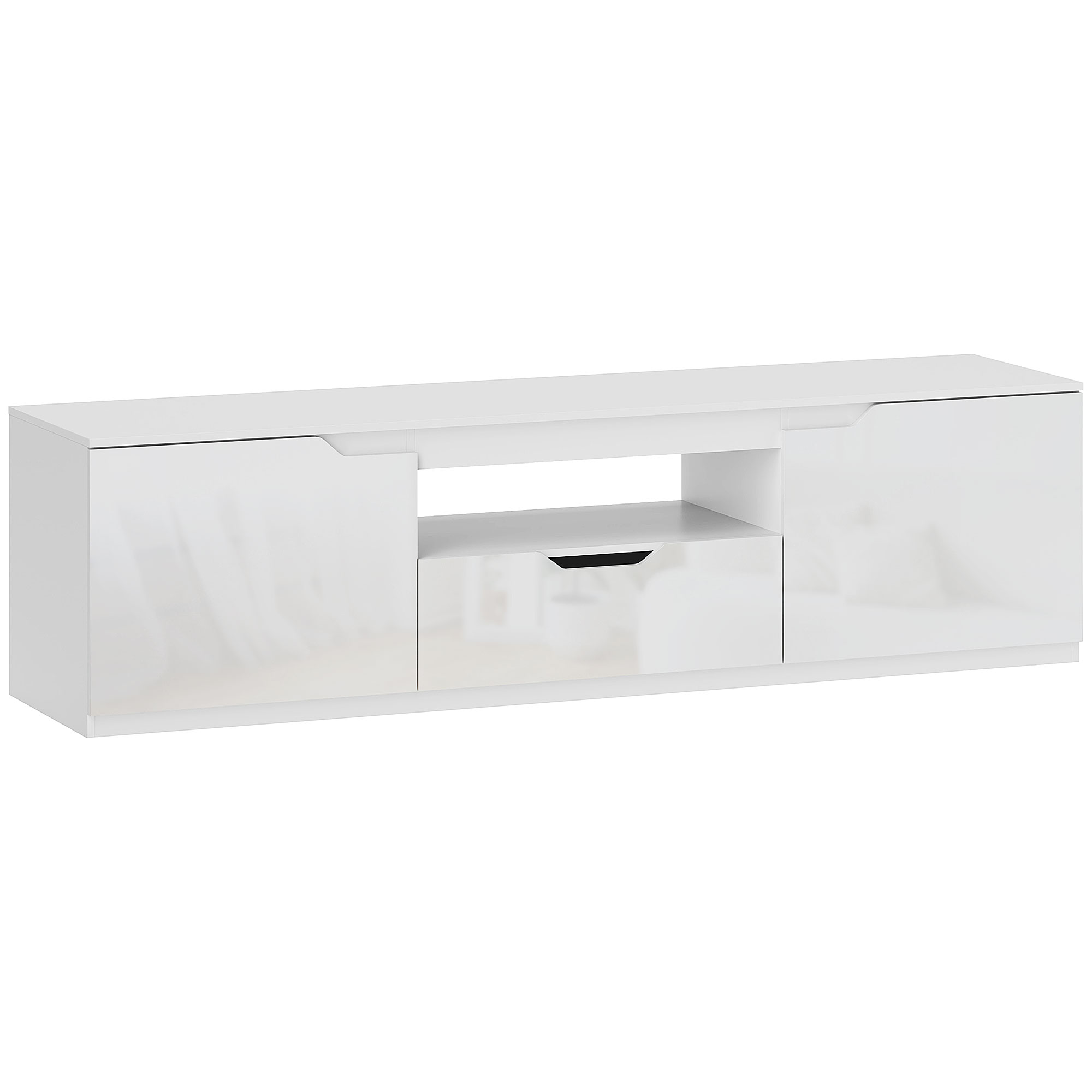 HOMCOM TV Schrank Lowboard mit 2 Türen, Schublade, 160 cm lang Fernsehtisch für Fernseher bis zu 65 Zoll, TV Board mit Kabelmanagement für Wohnzimmer, Weiß Aosom