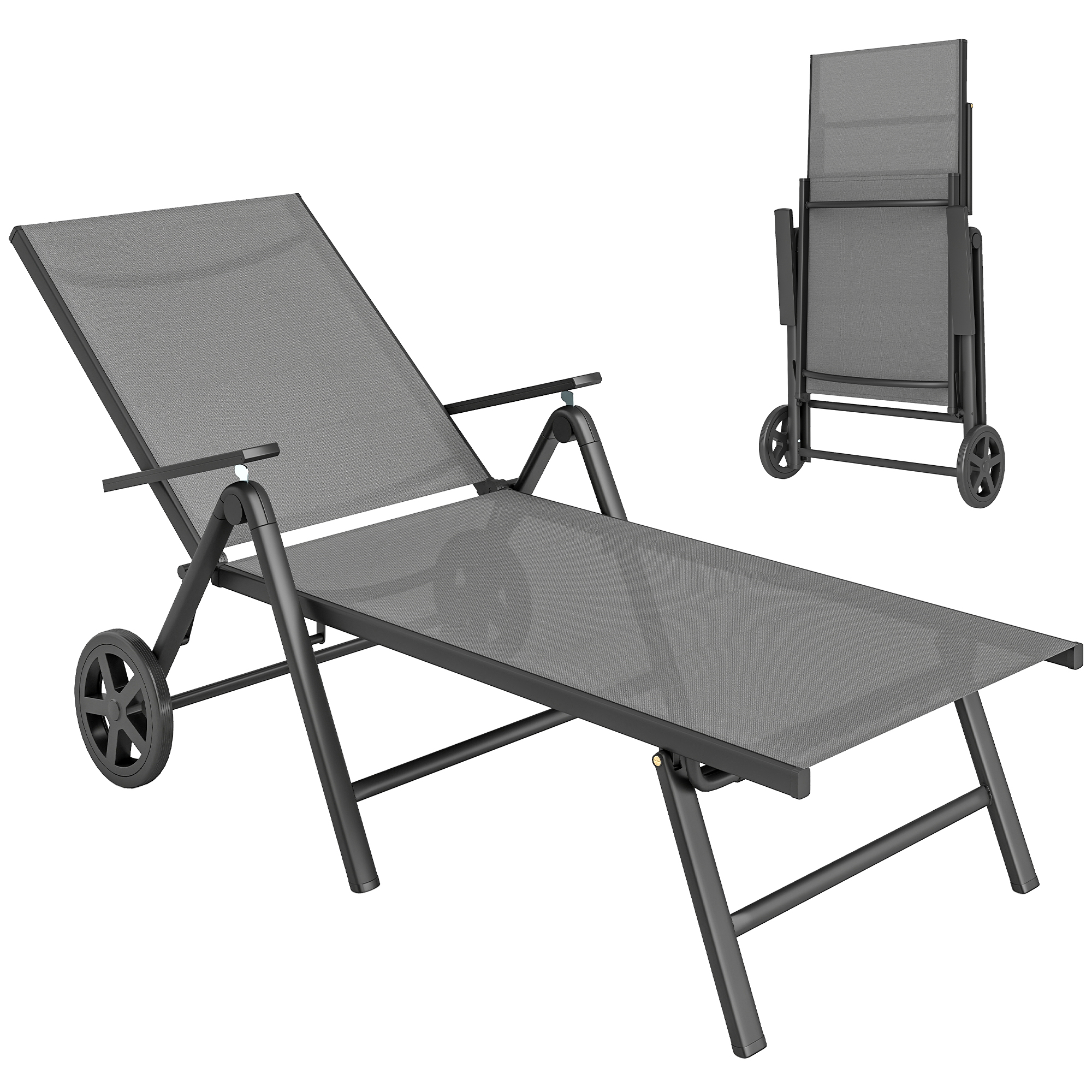 Outsunny Folding Sun Lounger with Wheels, 5-Position Adjustable Garden Chaise Lounge Sunbed with Armrests, Metal Frame Outdoor Portable Reclining Chair for Beach, Porch, Grey