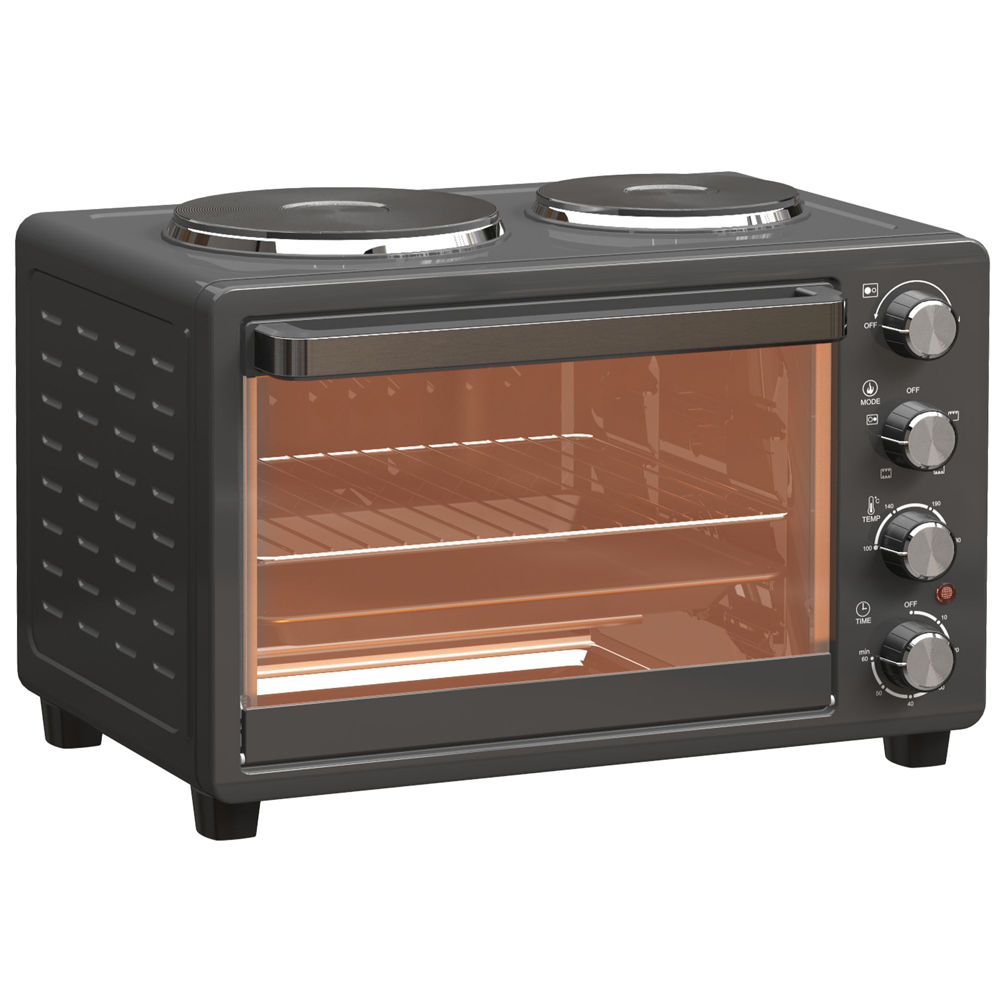HOMCOM Minibackofen 28 L 2600W Mini Backofen 100-230℃ 60 Min. Timer, mit 2 Warmhalteplatten, Backblech und Grillrost Pizzaofen mit Krümelblech, Tablettgriff Schwarz Aosom