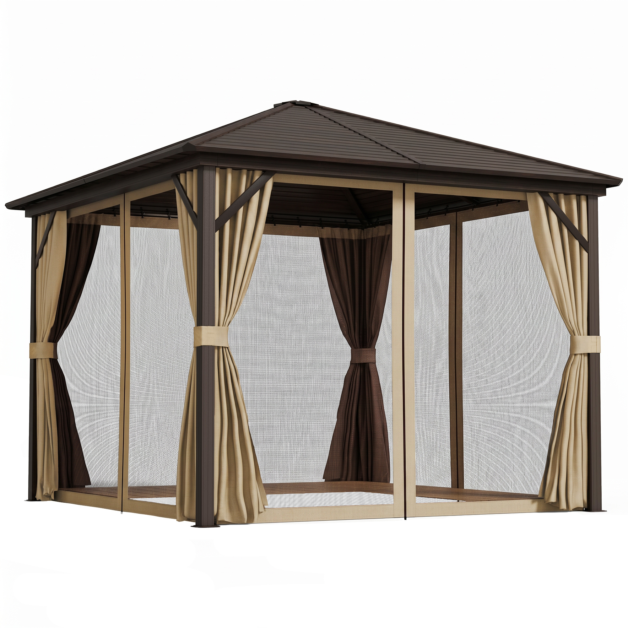Outsunny 3 x 3(m) Metal Hardtop Gazebo, with Curtains and Accessories - Brown