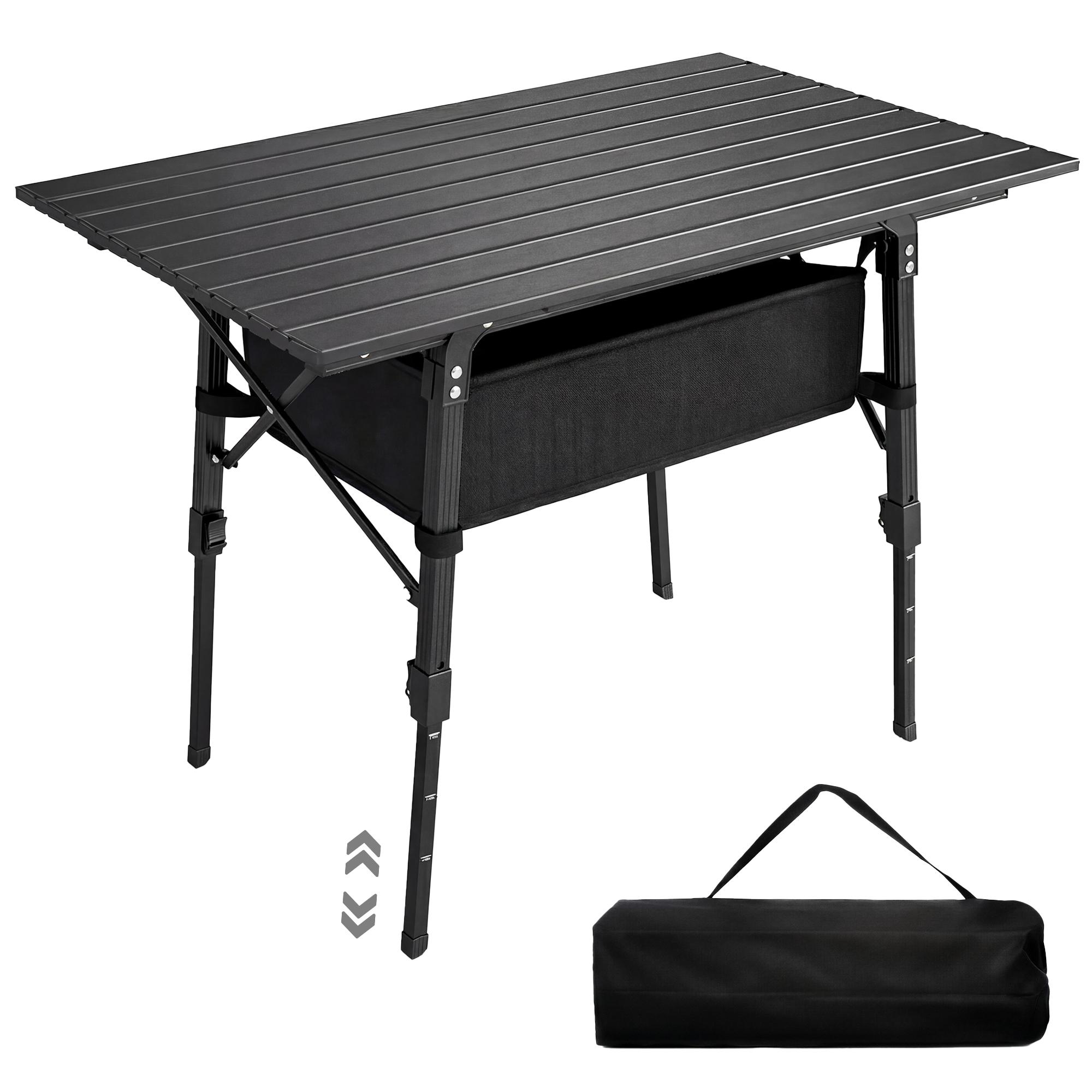 Outsunny Campingtafel met Opbergmand, In Hoogte Verstelbaar, Opvouwbaar, Aluminium, Zwart