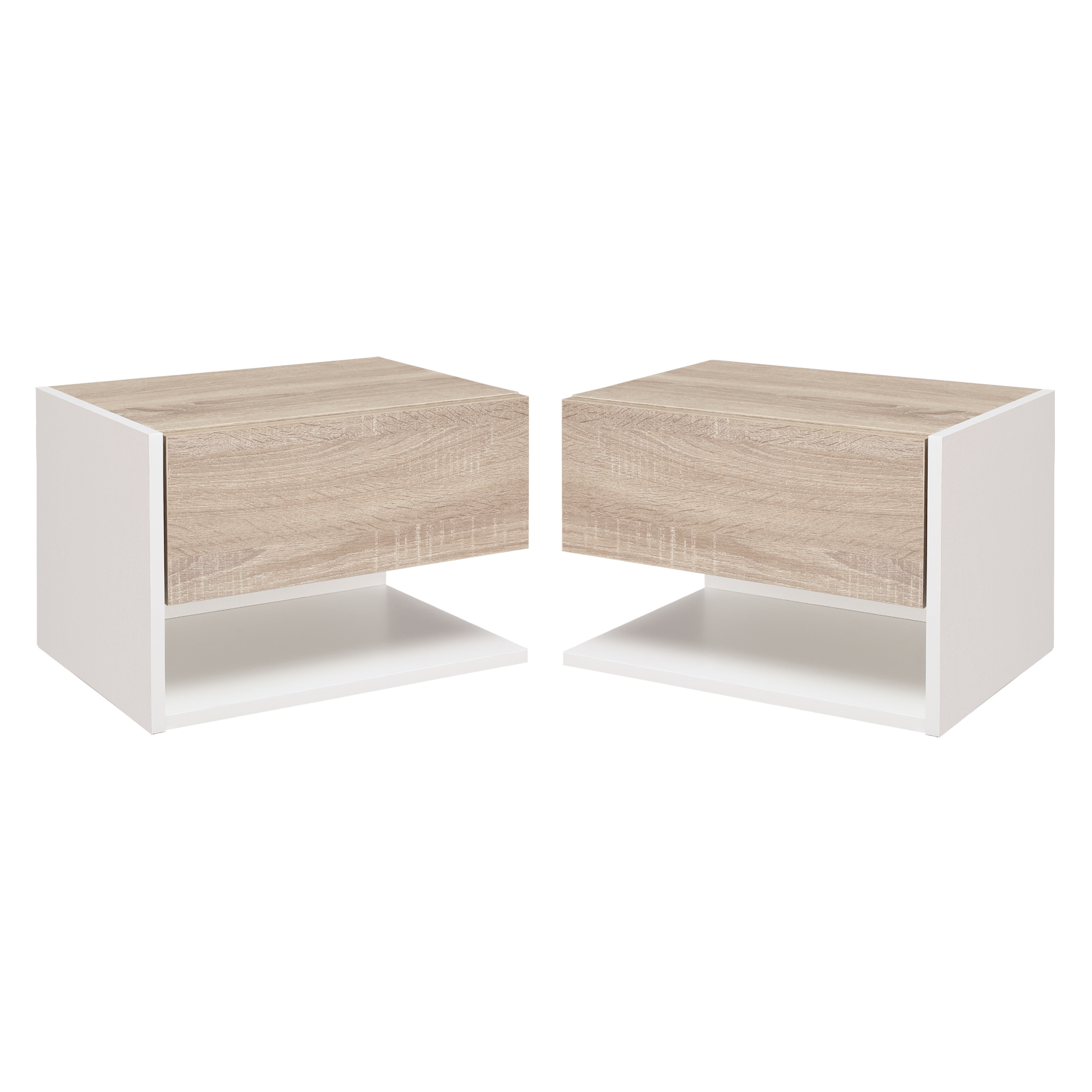 HOMCOM Juego de 2 Mesitas de Noche Flotantes Mesitas de Noche Colgantes con 1 Cajón y Estante Abierto 46x30x30 cm Roble y Blanco | Aosom España