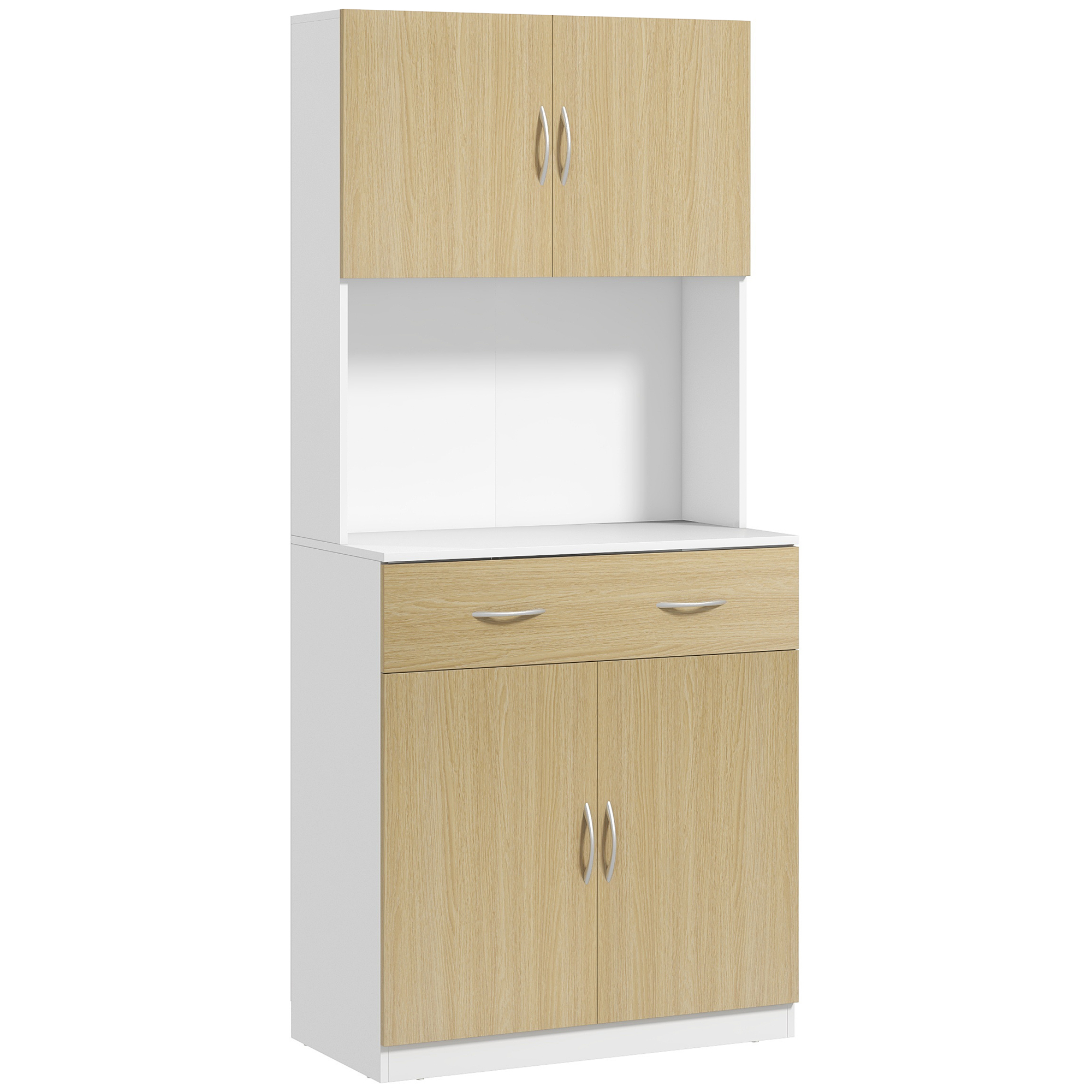 HOMCOM Mueble Auxiliar de Cocina con Puertas Cajón y Estantes Ajustables Antivuelco 80x40x180 cm Natural y Blanco