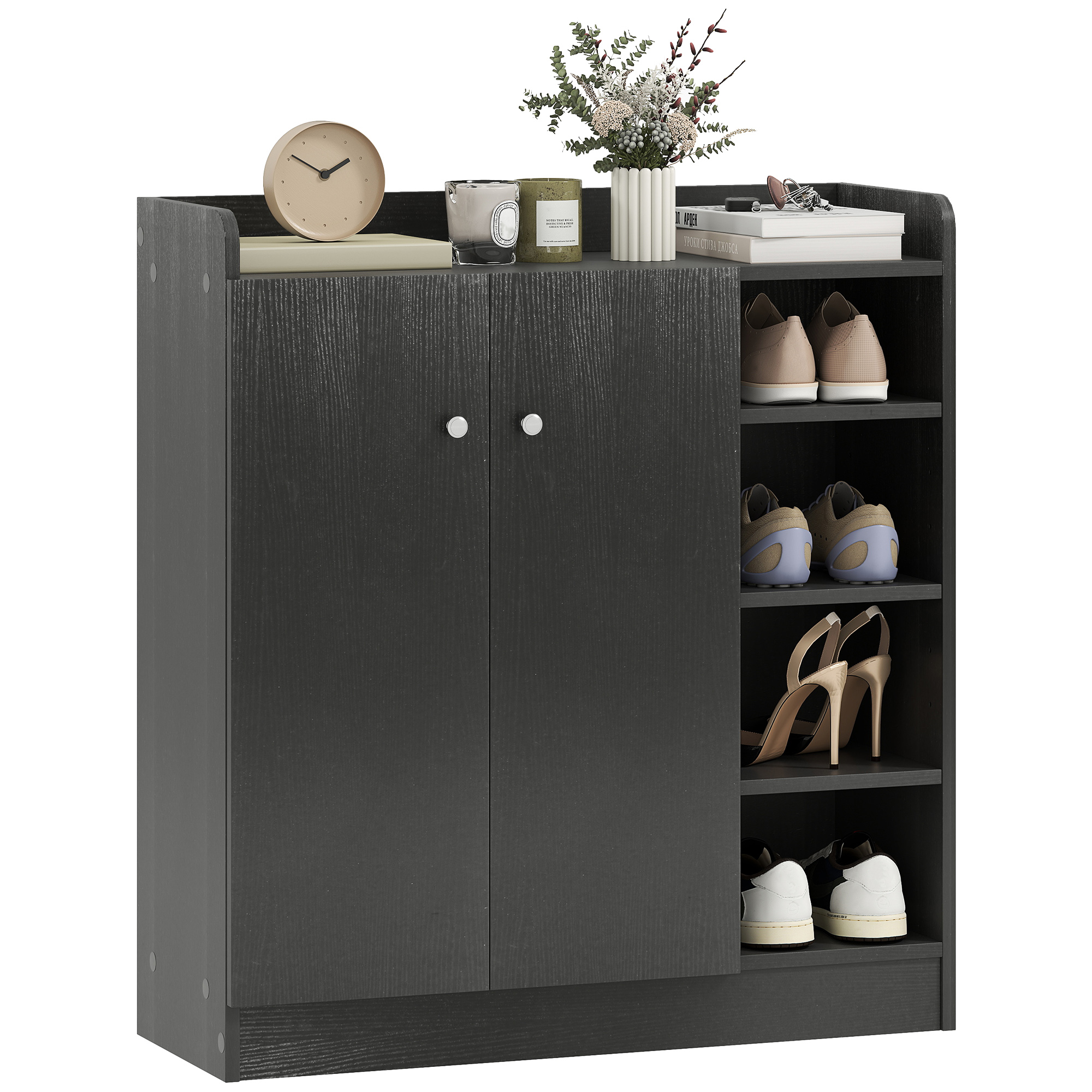 HOMCOM Mueble Zapatero de 2 Puertas Zapatero Estrecho con Estantes Ajustables para 12 Pares de Zapatos para Pasillo Entrada 83x30x90 cm Negro | Aosom España