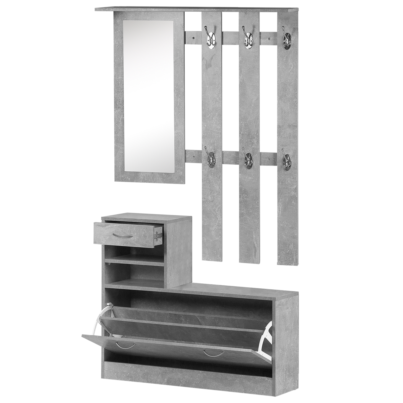 HOMCOM Zapatero con espejo mueble recibidor espejo, Zapatero compacto con 6 ganchos, estantes y cajón abatible para pasillo | Aosom España