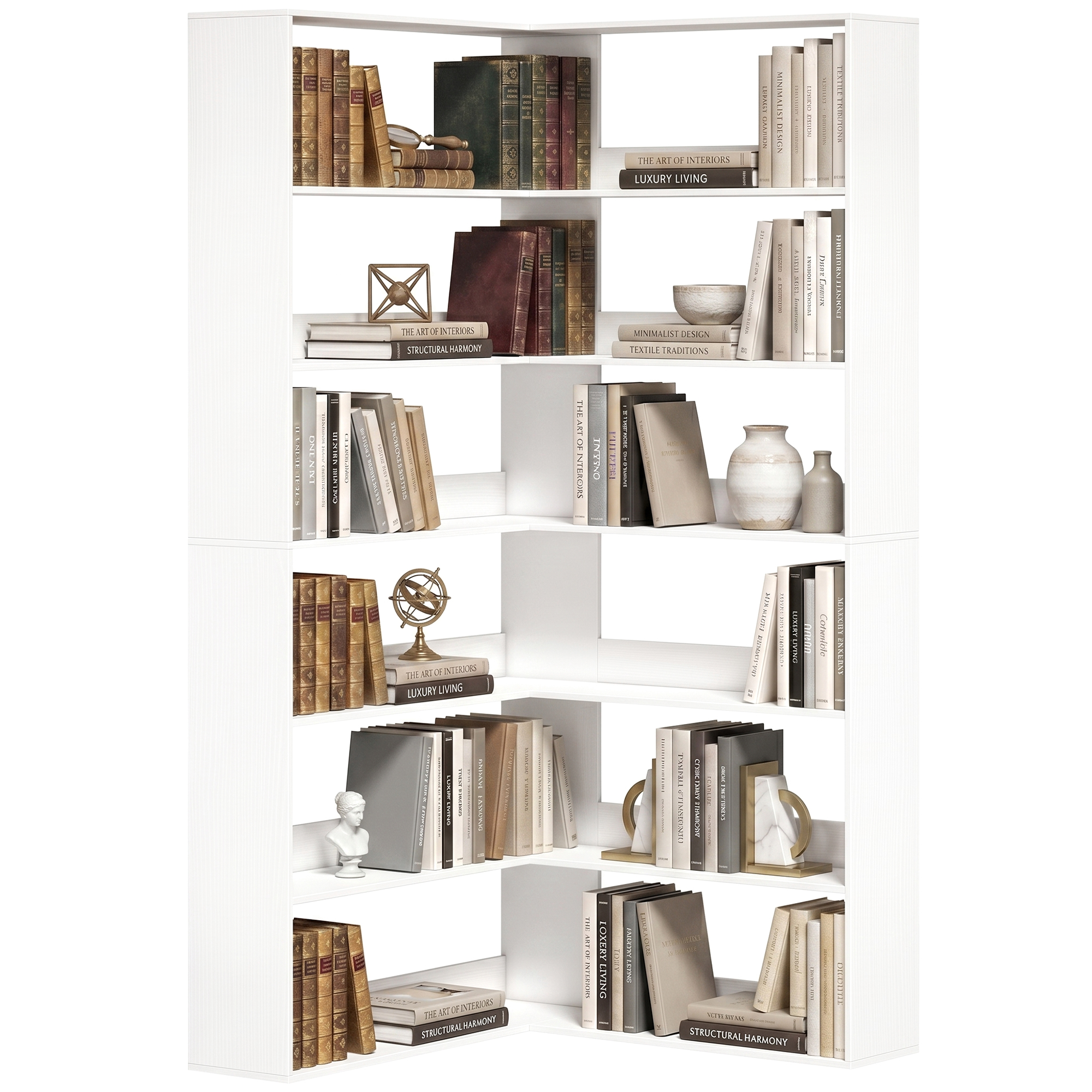 HOMCOM Boekenkast met 7 Niveaus L-vormig Hoekrek Ruimtebesparend Open Opbergrek met Antislip Achterwand Multifunctionele Displaykast Wit | Aosom.nl