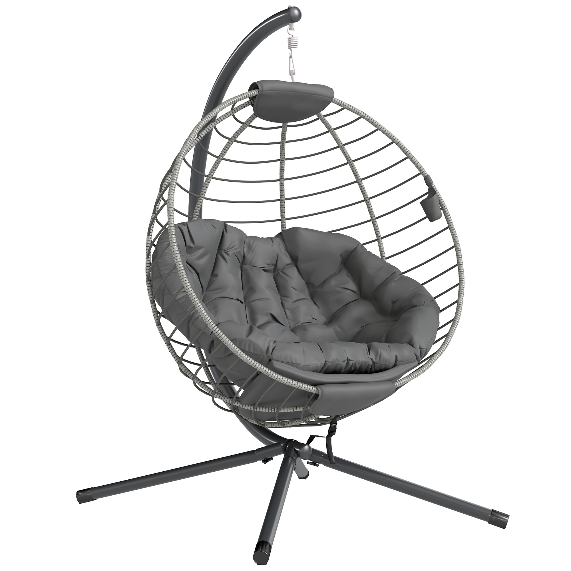 Outsunny Rattan Relaxation: Outdoor Hanging Chair with Stand, Padded Cushion, Foldable, Cup Holder, Greystone