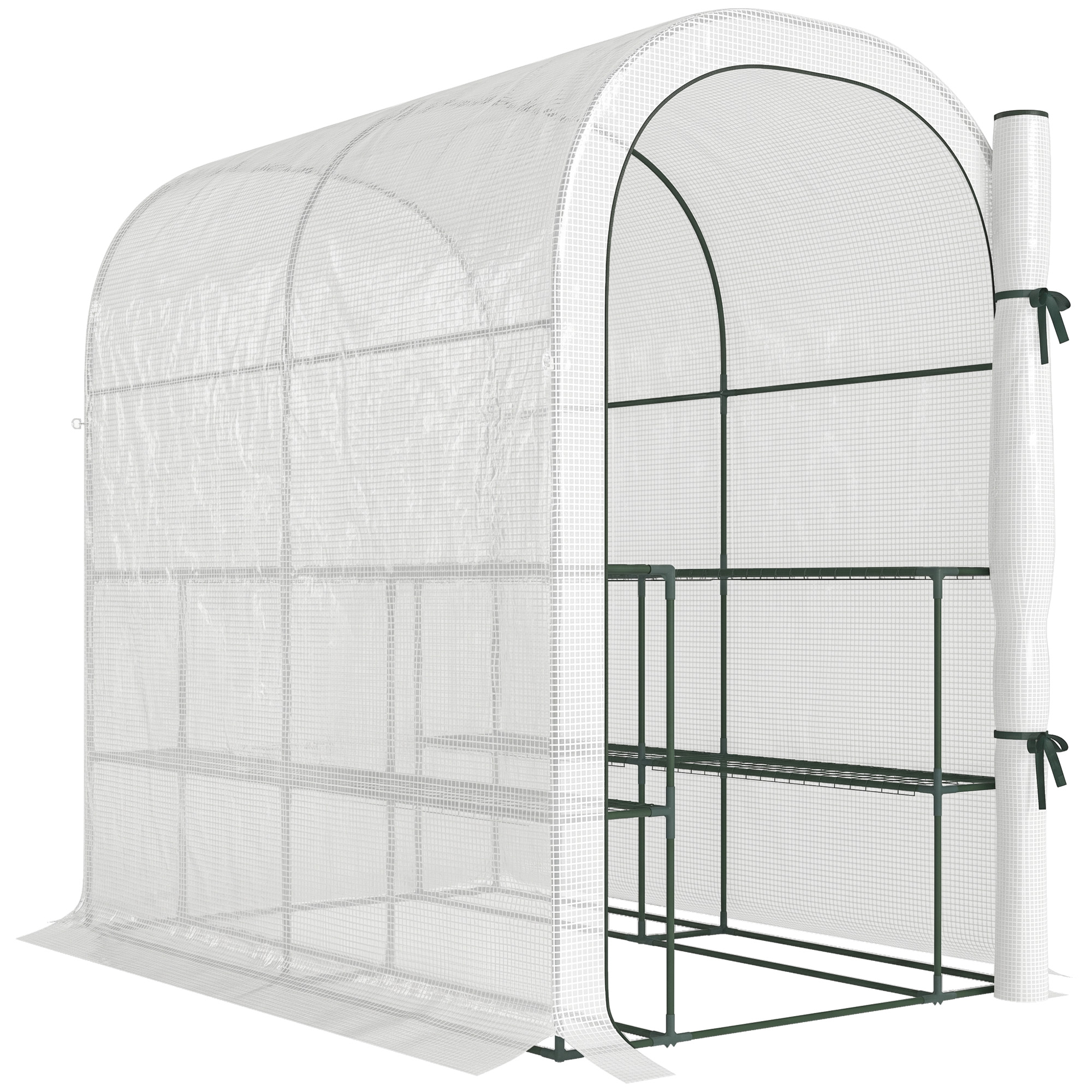 Outsunny Walk-in Greenhouse with Shelves, Small Greenhouse with PE Cover and Roll-up Door, 123 x 187 x 189 cm, White