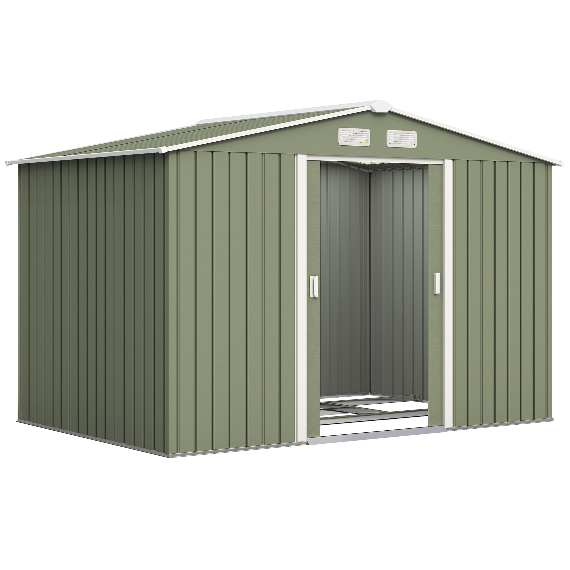 Outsunny 9 x 6 ft Metal Garden Storage Shed Corrugated Steel Roofed Tool Box with Foundation Ventilation and Doors, Light Green   Aosom UK