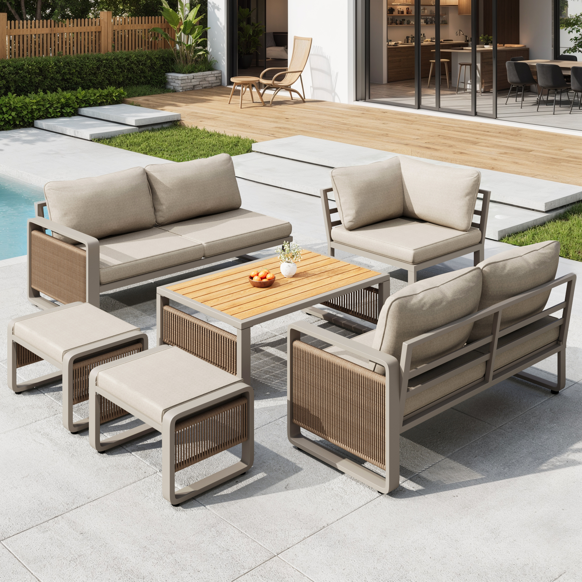 Modern Garden Corner Sofa Set with High‑Density Foam Cushions, Weatherproof Outdoor Set for 6-7 People, 120L x 65W x 66.5H cm, Beige   Aosom UK