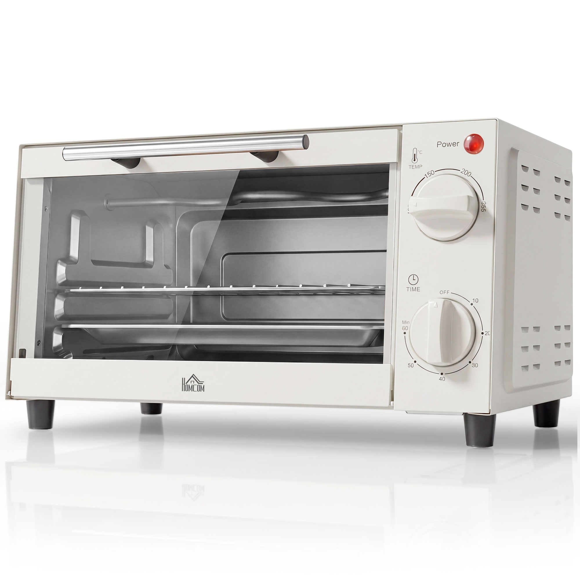 HOMCOM Minibackofen 9L Mini Ofen mit Backblech, Grillrost, 100 °C-230 °C, mit einstellbar Temperatur und Garzeit, 60 Min. Timer, 750W, Edelstahl, Cremeweiß Aosom