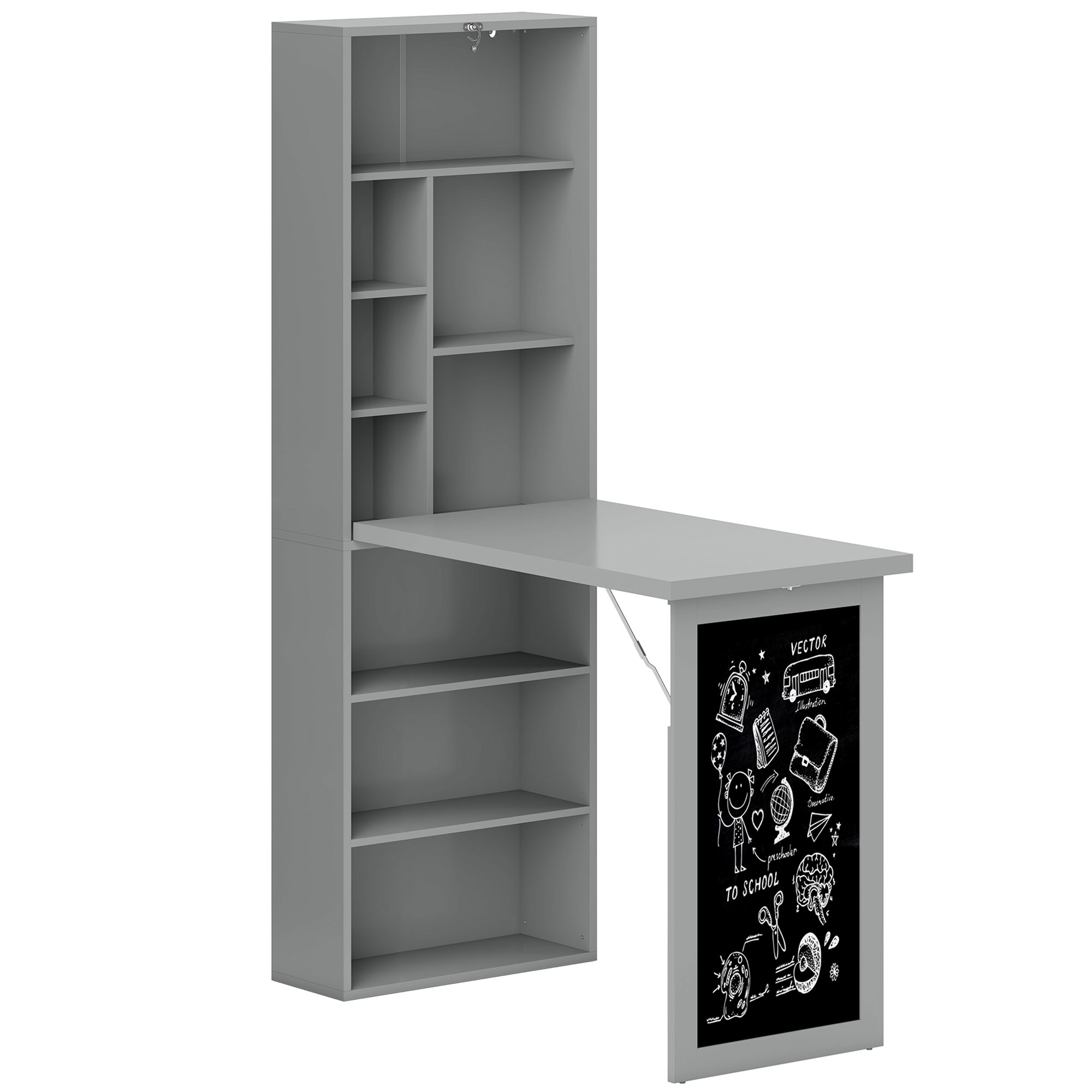 HOMCOM Klappbarer Schreibtisch Esstisch mit 6 Fächern Bücherregal und 3 Regalen, Computertisch Bürotisch E1 Spanplatte Metallrahmen Dunkelgrau 98x51x153 cm Aosom.de