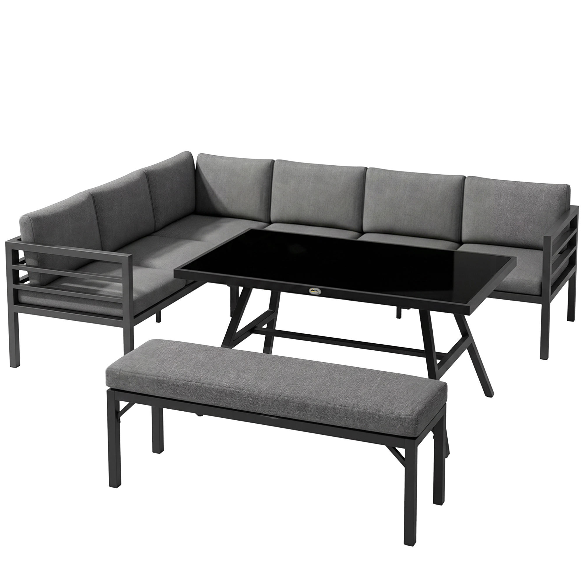 Outsunny 4 Piece L-shaped Garden Furniture Set 8-Seater Aluminium Outdoor Dining Set Conversation Sofa Set w/ Bench, Dining Table & Cushions, Grey