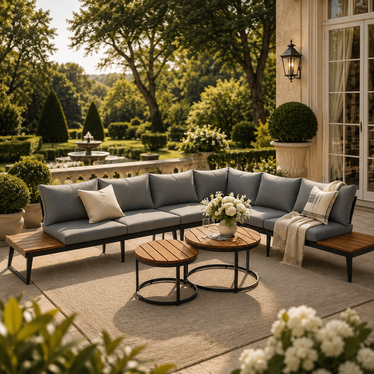 6-Piece Outdoor Sofa Set, Sectional Sofa Set with Acacia Wood Tables, Galvanised Iron Frame, 160L x 64W x 75H cm, Grey   Aosom UK