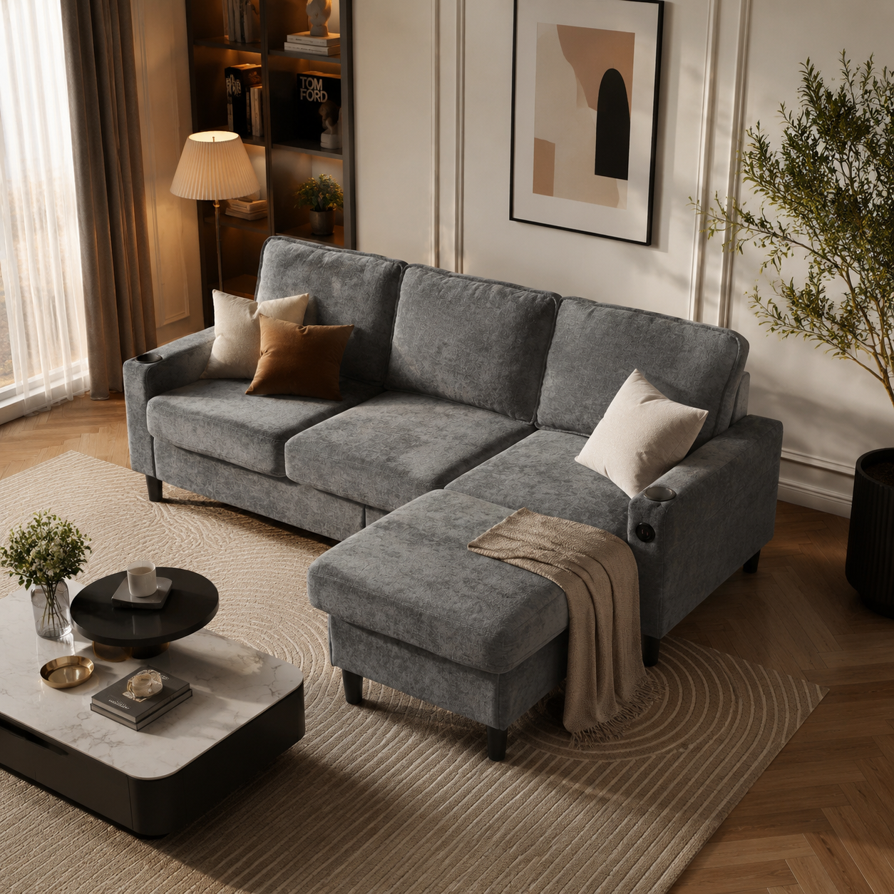 L-Shaped Corner Sofa with USB Charging Ports, Cup Holders, Ergonomic 3-Seater Sectional Couch for Apartment, 202L x 137W x 80H cm, Grey   Aosom.UK