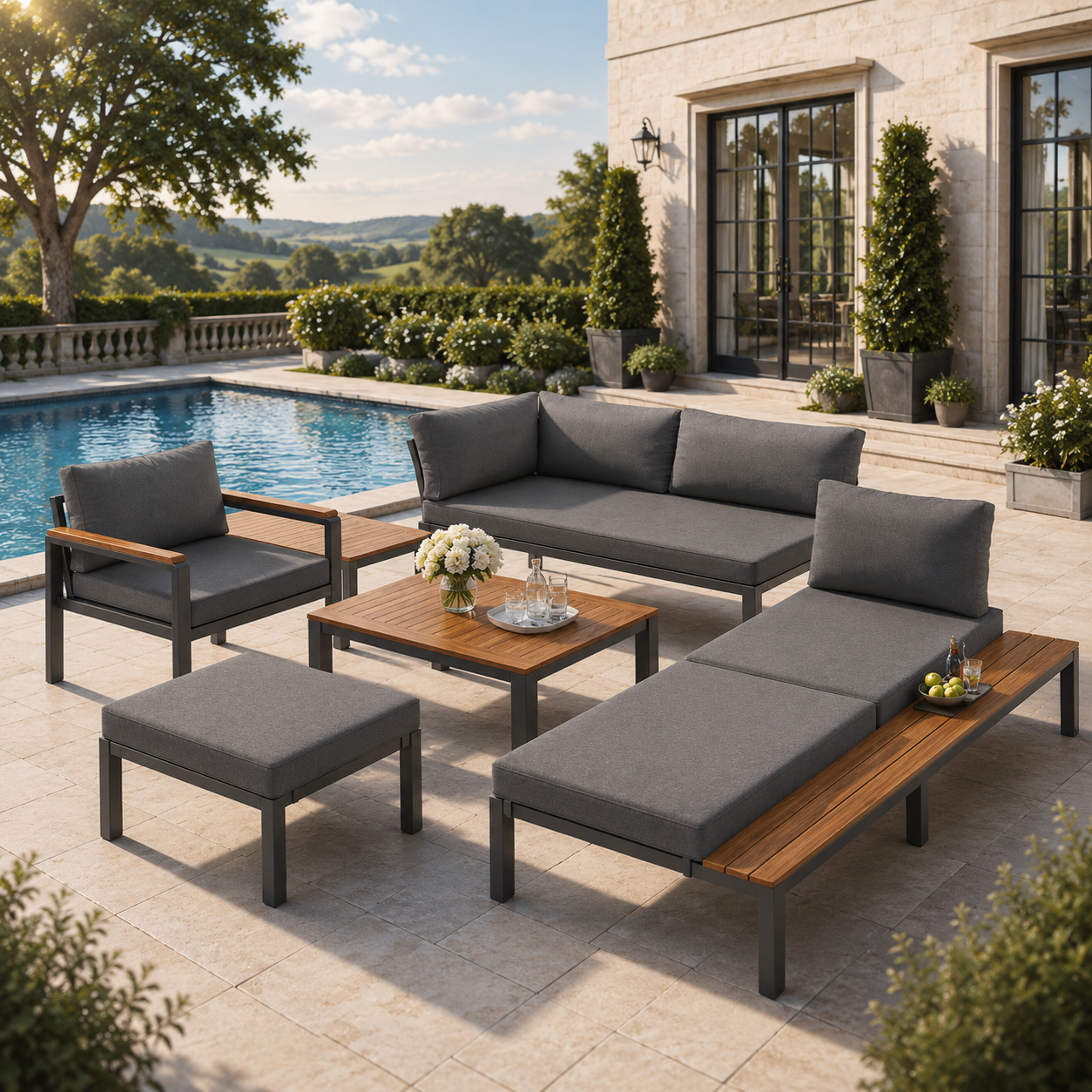 Modular Outdoor Garden Sofa Set with Aluminium Frame, Sturdy Lounge Set with Acacia Wood Coffee Table, 150L x 81.5W x 76H cm, Gray   Aosom UK