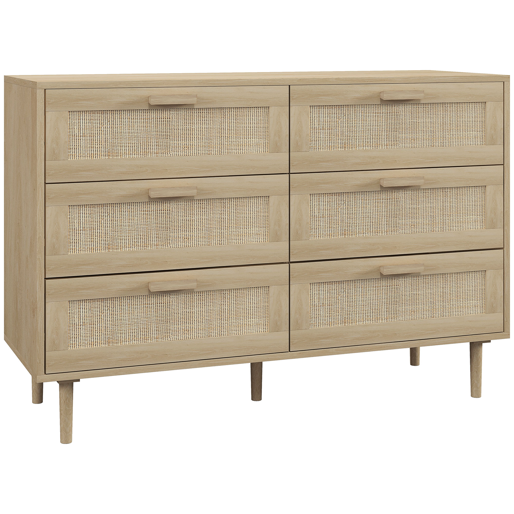 HOMCOM Chest of Drawers, 6-Drawer Dresser, Tall Storage Drawer Unit with Rattan Element for Bedroom, Living Room, Oak