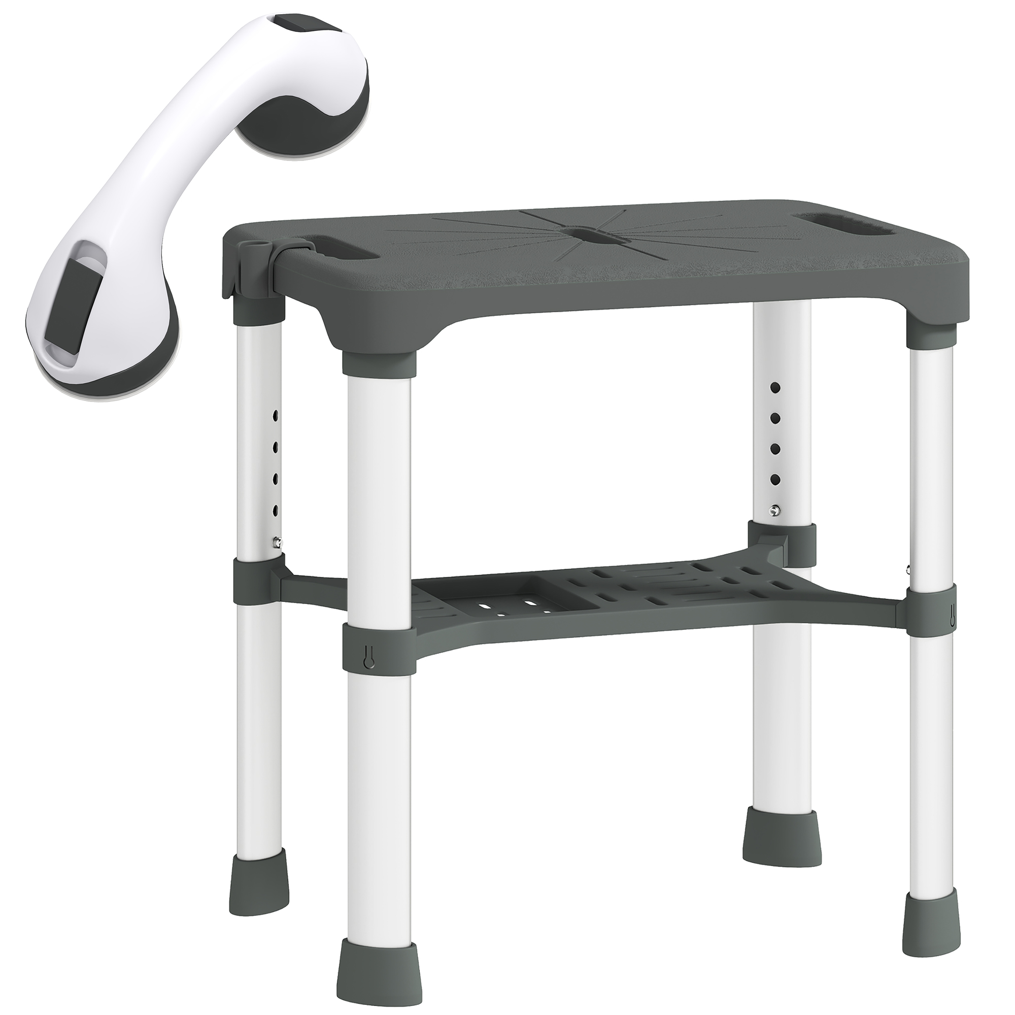 HOMCOM Tabouret de Douche Hauteur Ajustable avec Étagère Intégrée et Barre d'Appui à Ventouse pour Seniors et Handicapés, Gris