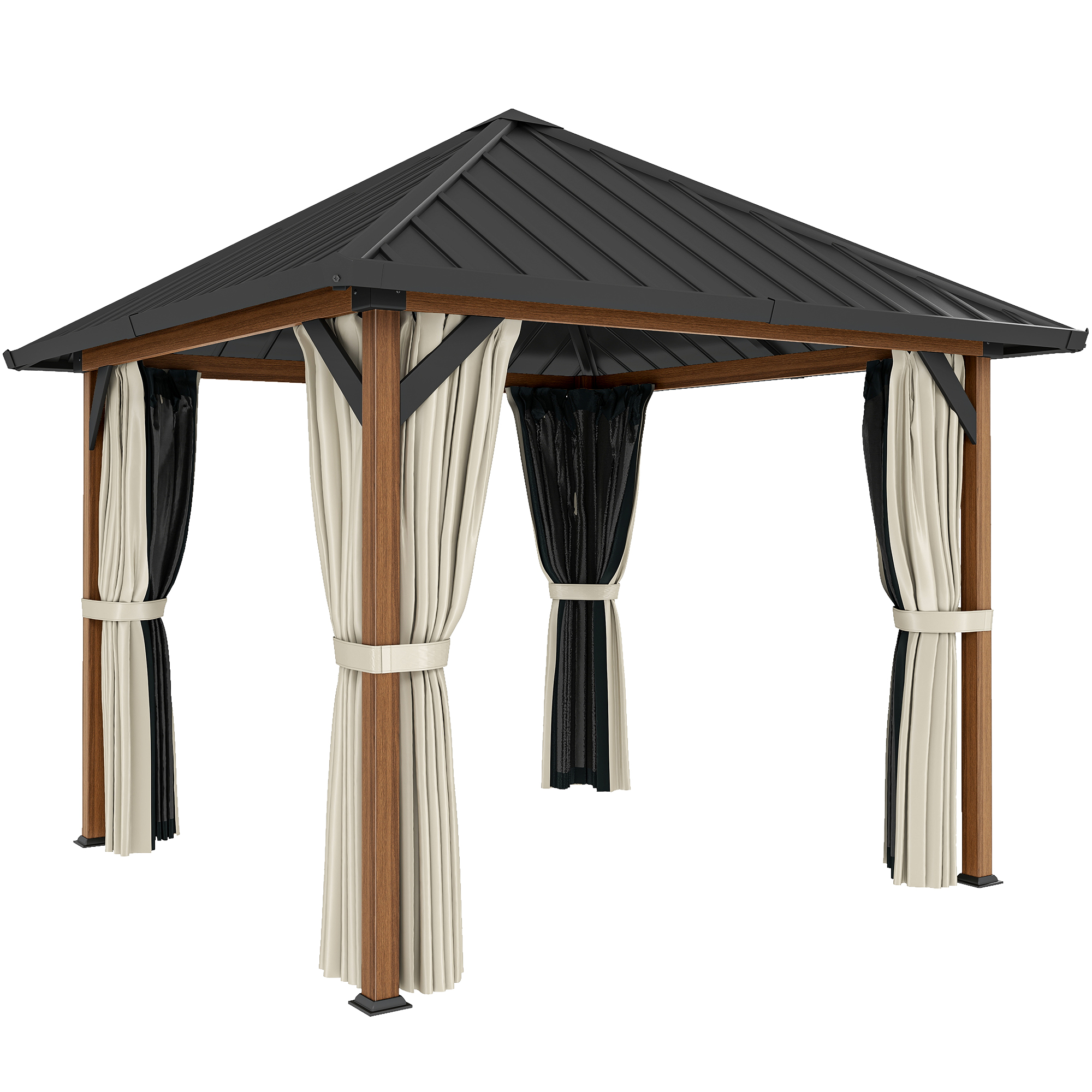 Outsunny 3 x 3(m) Hardtop Gazebo with Galvanised Steel Roof and Water Gutter, Waterproof Permanent Pavilion Garden Gazebo for Patio, Deck, Walnut