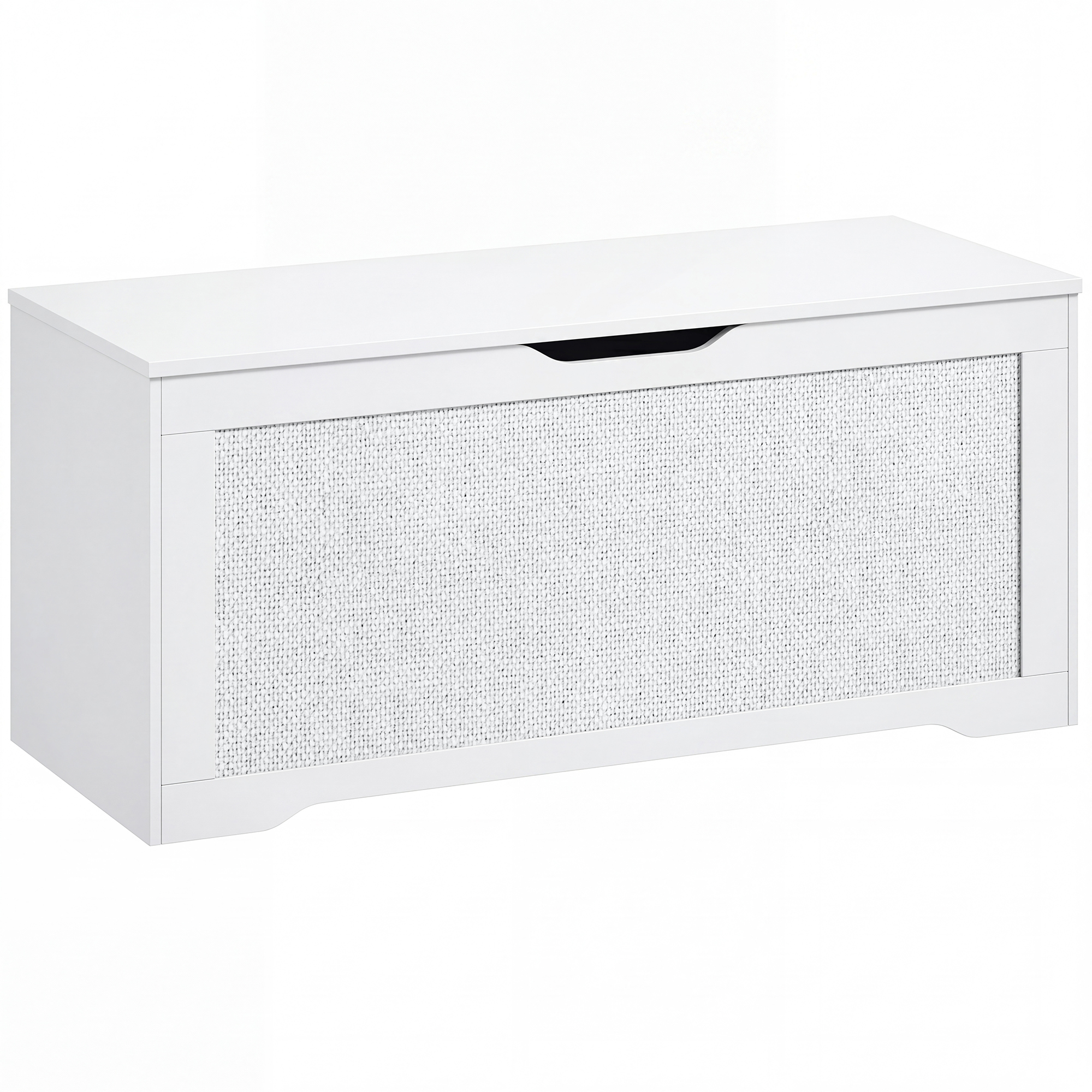 HOMCOM Coffre de rangement 136 L Banc de rangement avec panneau en rotin Couvercle Bras de support pour entrée 100x40x45cm Blanc