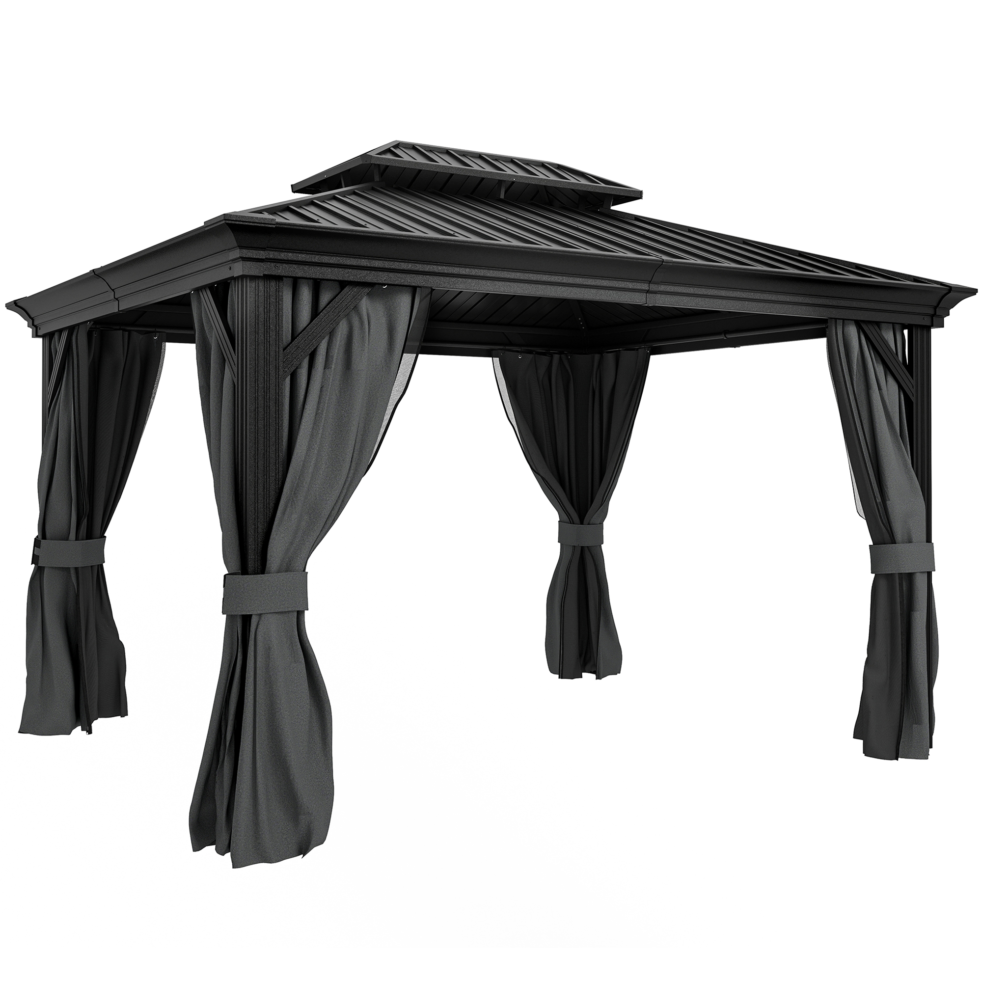 Outsunny 3 x 3.7m Outdoor Hardtop Gazebo Canopy Aluminum Frame with 2-Tier Roof & Mesh Netting Sidewalls for Patio, Dark Grey